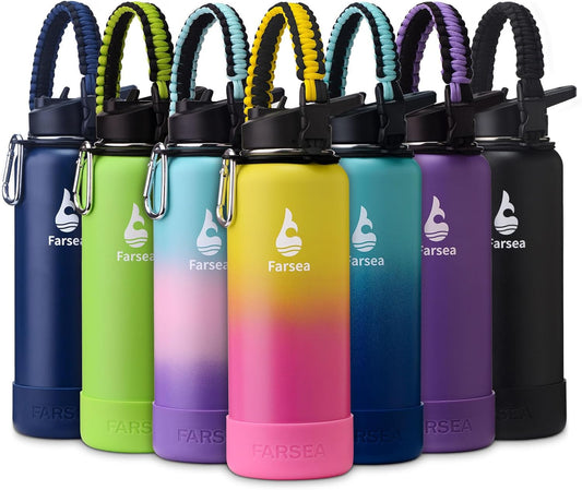 Farsea Insulated Water Bottle With Paracord Handle, Protective Boot and 2 Lids (Straw Lid & Spout Lid), Stainless Steel Water Bottle Wide Mouth, Double Wall Sweat-Proof BPA-Free, 40 oz