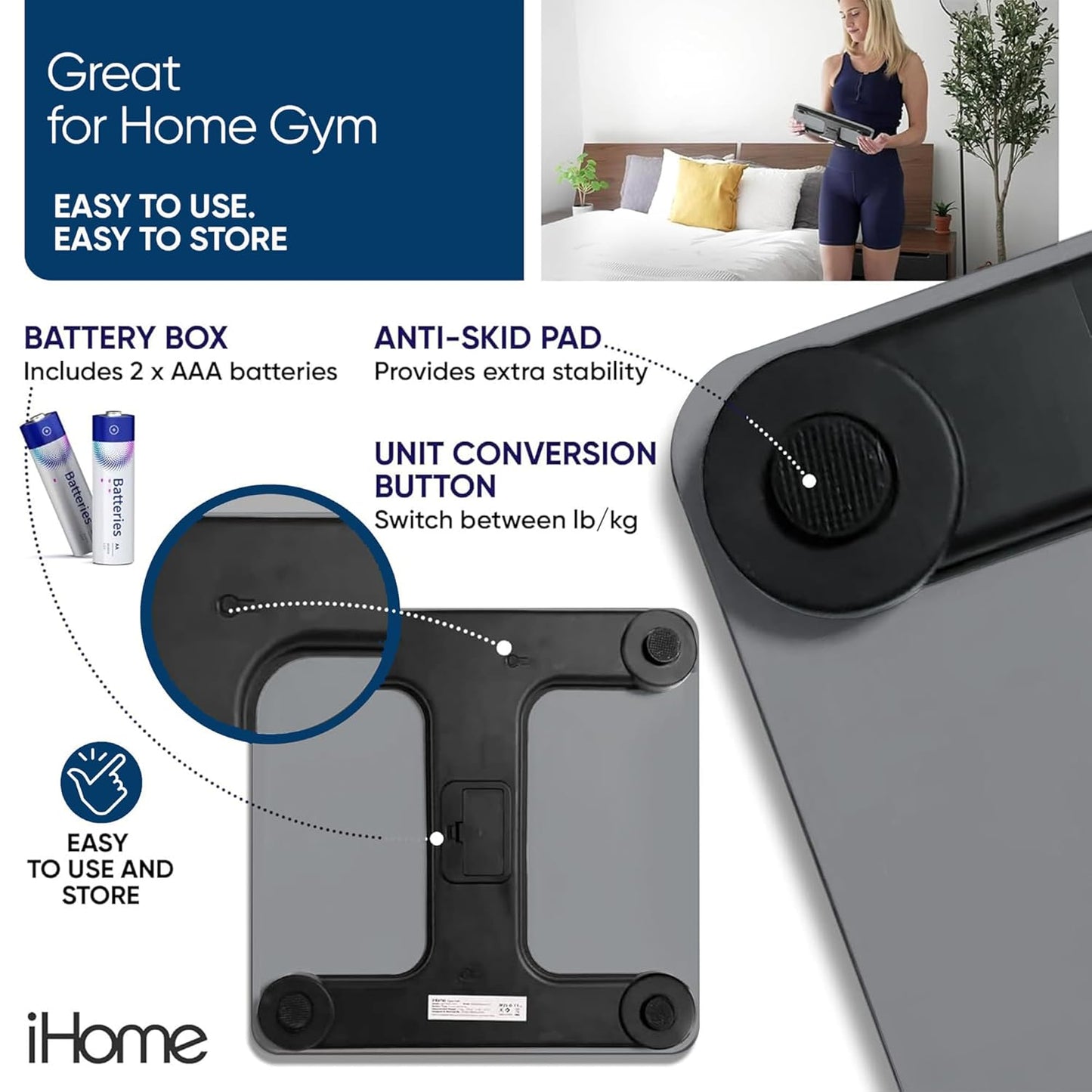 iHome Digital Scale, Bathroom Scale, Batteries Included, Scale Body Weight, Weight Scale, Digital Scale, Bathroom Scales for Weight, Digital Scales for Body Weight (Grey)