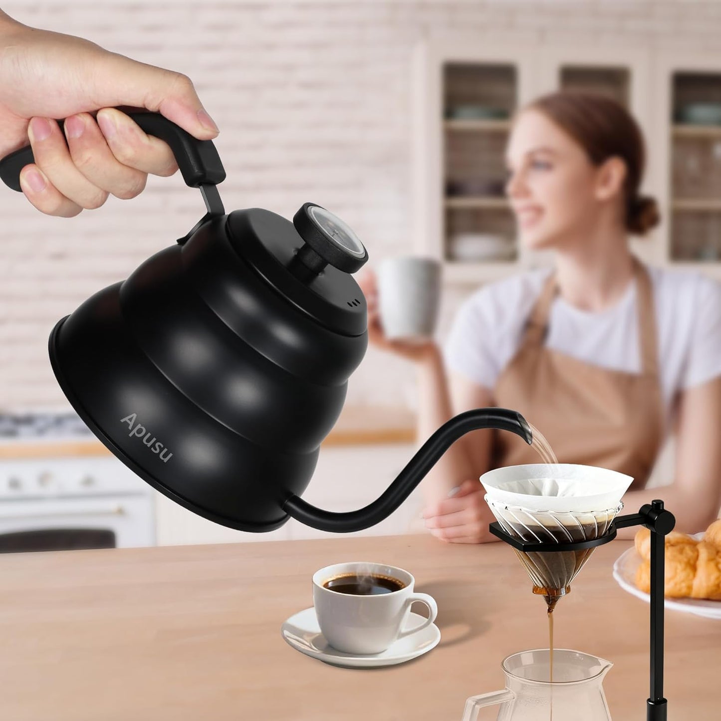 Pour Over Kettle for Manual Drip Coffee and Tea with Thermometer 28oz Gooseneck Kettle with Flow Control Stainless Steel Water Kettle for Stovetop,800ml,4 Cup,Black,1Pack