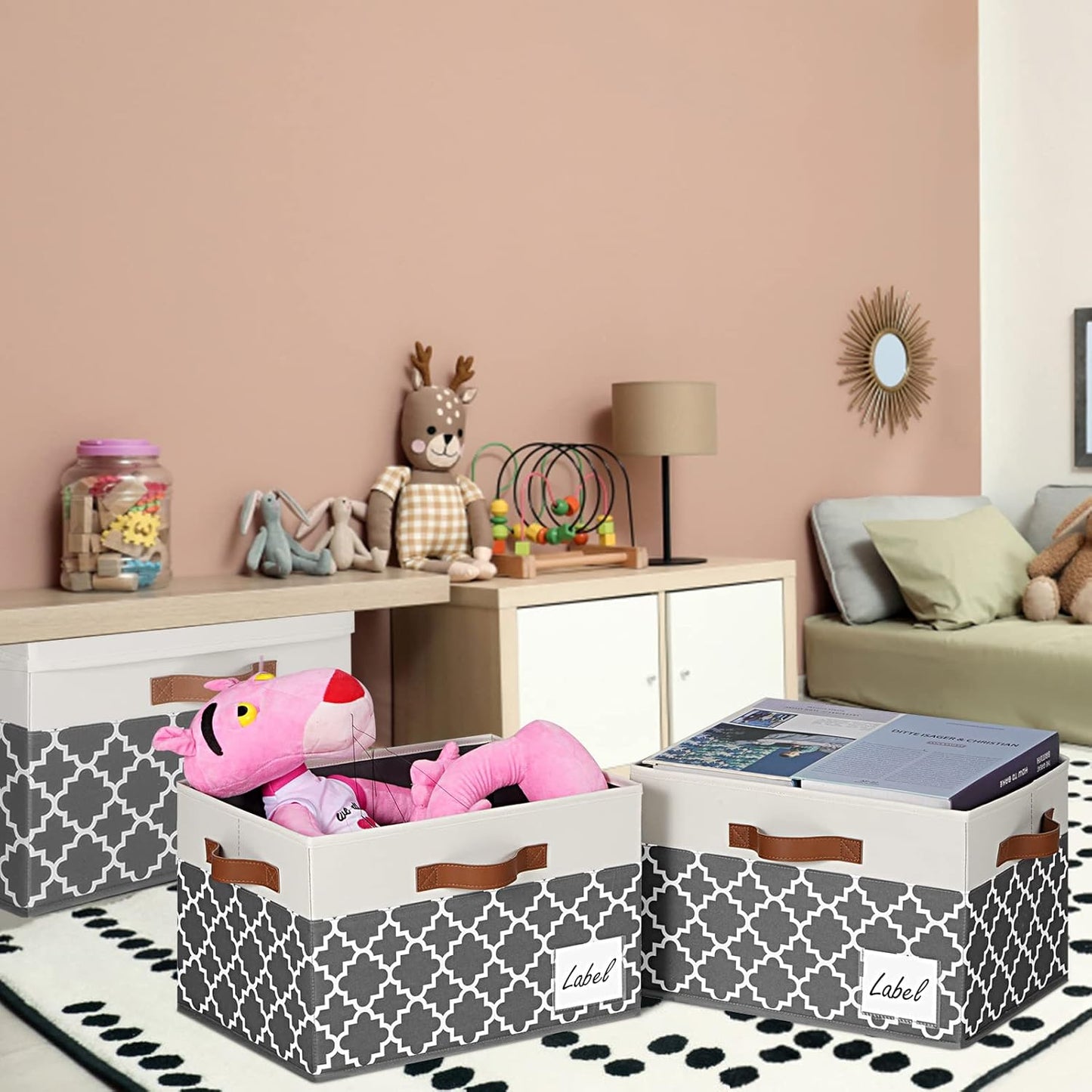 GhvyenntteS Large Fabric Storage Bins with Lids (6 Pack), Foldable Decorative Storage Boxes with Lids and 3 Handles, Sturdy Storage Baskets with Label Window for Home Office (White&Lattice Grey)