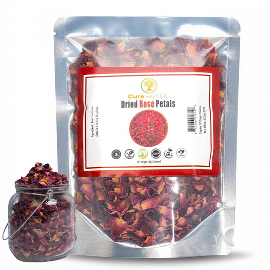 Cure Wid Pure Certified Organic Dried Rose Petals 1oz Food-Grade Edible Rose Petals for Tea,Cocktails,Baking,Skincare & DIY - Sun-Dried,Non-GMO,Gluten & Chemical-Free Edible Flowers in Resealable Bag