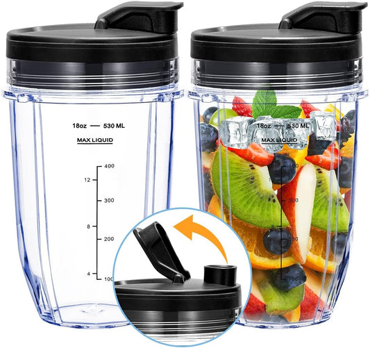 Replacement 18oz Blender Cup with Sip & Seal Lid For Nutri Ninja BL450 BL456 BL480 BL482 BL640 BL642 BL682 BN401 BN751 BN801 Foodi SS101 SS151 SS351 SS401 SS400 Ninja Blender Auto IQ Blade, 2-Pack