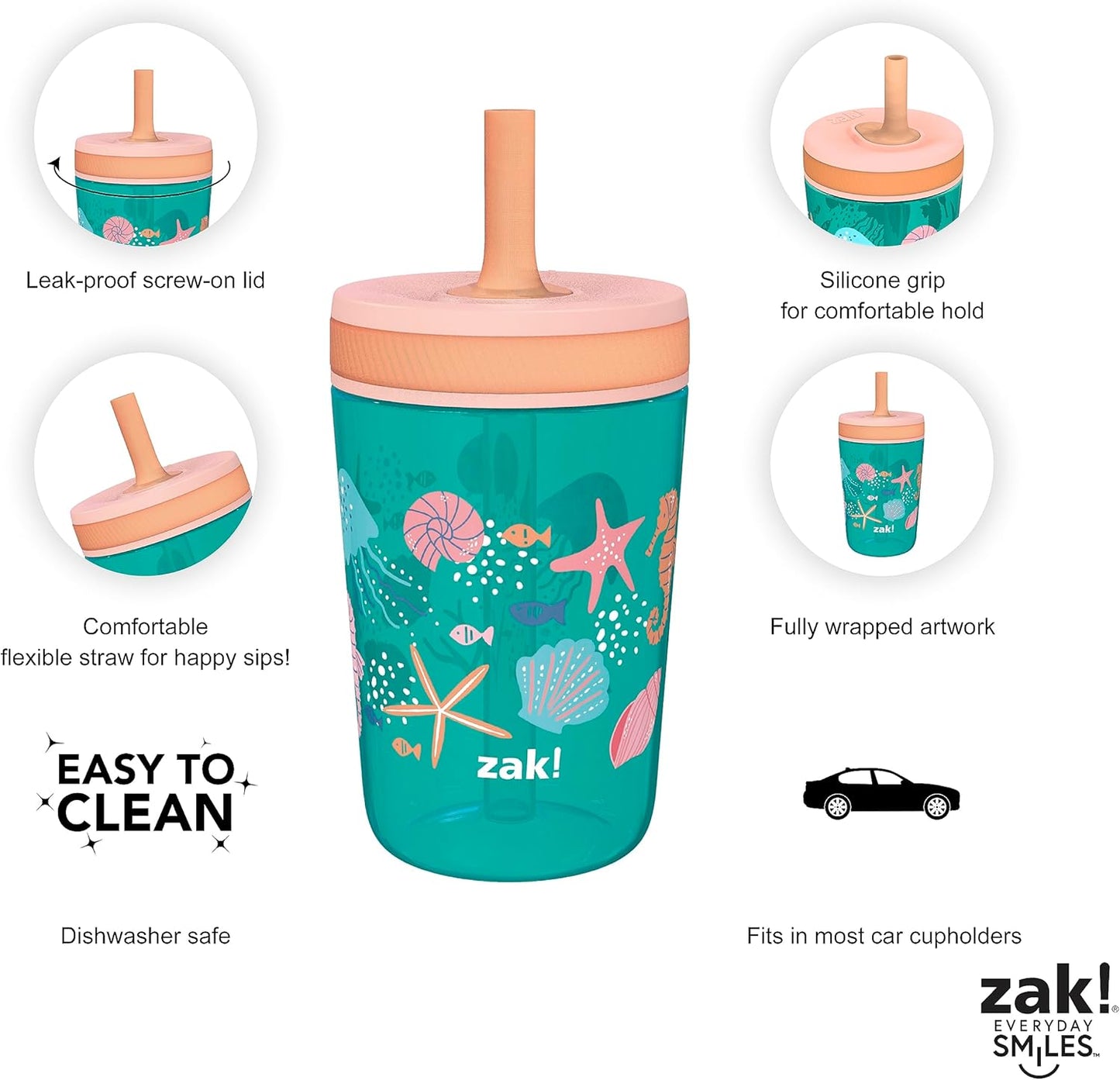 Zak Designs Shells Kelso Tumbler Set, Leak-Proof Screw-On Lid with Straw, Bundle for Kids Includes Plastic and Stainless Steel Cups with Bonus Sipper (3pc Set, Non-BPA) (Pack of 12)