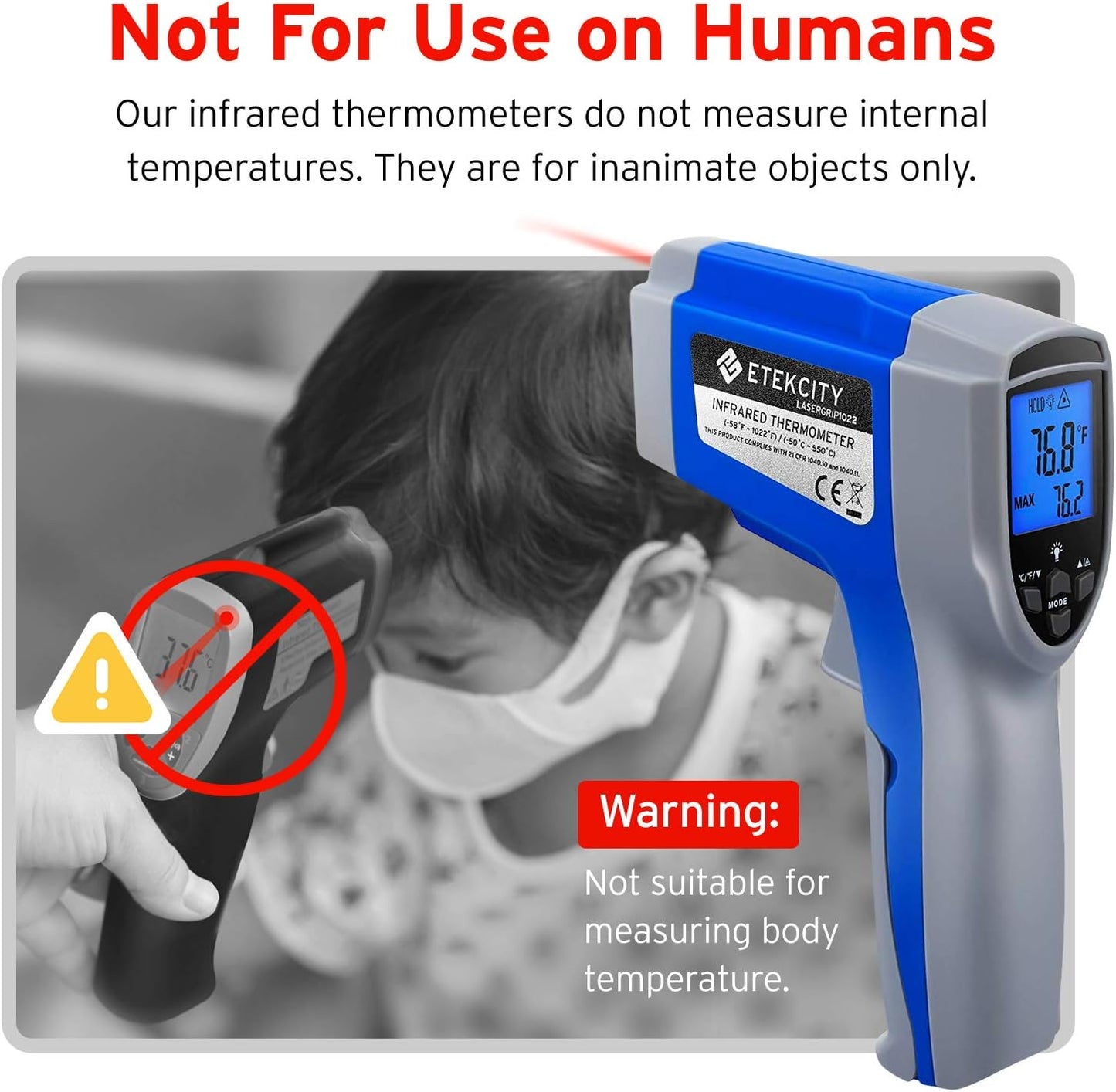 Etekcity Digital Thermometers Non-contact-58°F ~1022°F (-50°C ~ 550°C) ith Adjustable Emissivity & Max Measure for Meat Refrigerator Pool Oven, Blue