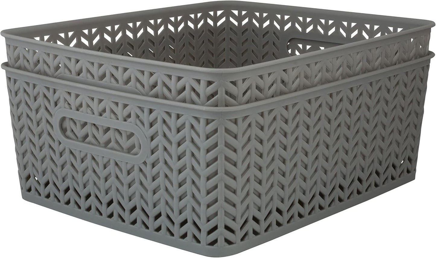 Simplify 2 Pack Medium Herringbone Storage Basket | Dimensions: 14"x11.5"x5.15" | Sturdy Polypropylene Plastic | 2 Open Handles | Lightweight | Home Organization | Heather Grey
