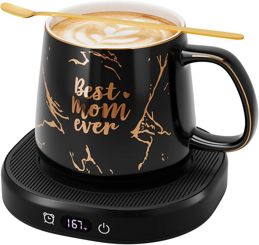 Coffee Mug Warmer, Best MOM Ever Mug with Coffee Warmer Set, Electric Coffee Cup Warmer for Desk 8H Auto Shut Off, Tea Beverage Warmer with 4 Temperature Setting, Women Mothers Day Birthday Mom Gifts