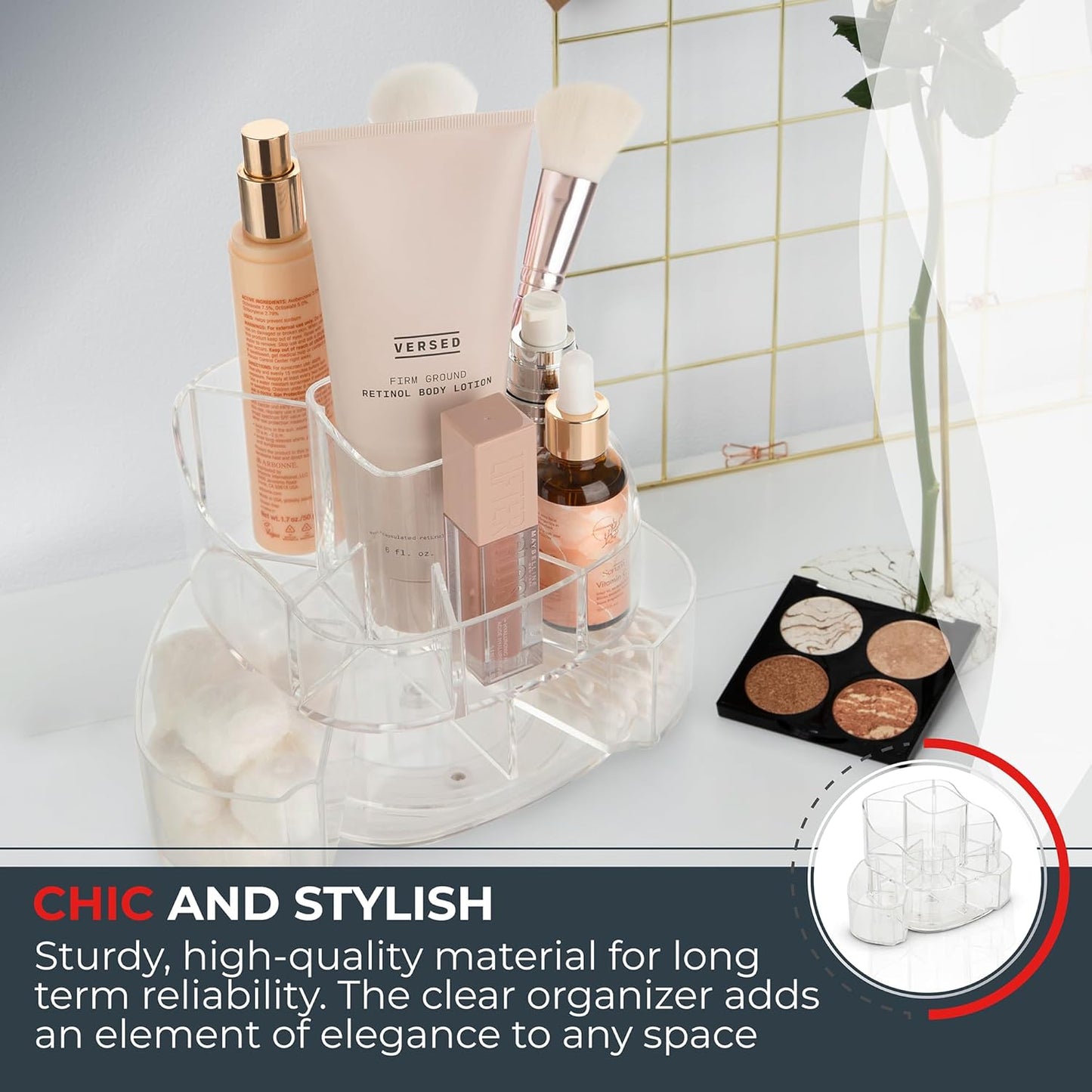 Masirs Small Rotating Makeup Organizer - Mini Yet Spacious Cosmetic Storage Solution with Multiple Compartments - The Perfect Spinning Make-Up Caddy for Vanity or Bathroom Counter (Square - Clear)