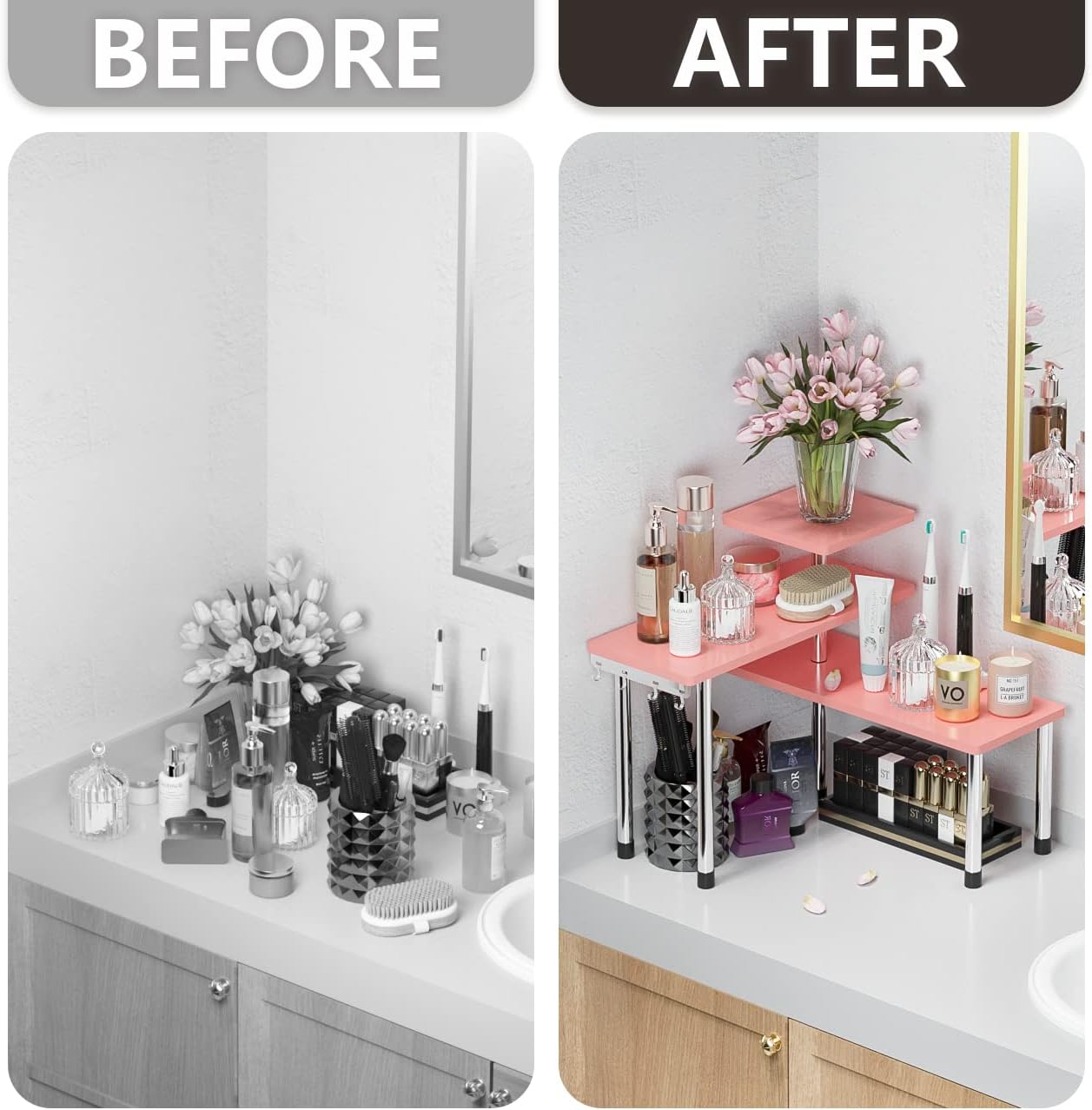 ZHWS Bathroom Counter Organizer Corner Shelf – Bathroom Organization Bamboo 3 Tier Spice Rack Makeup Organizer Bookshelf Space Saving Rack Kitchen Office Living Room (Pink)