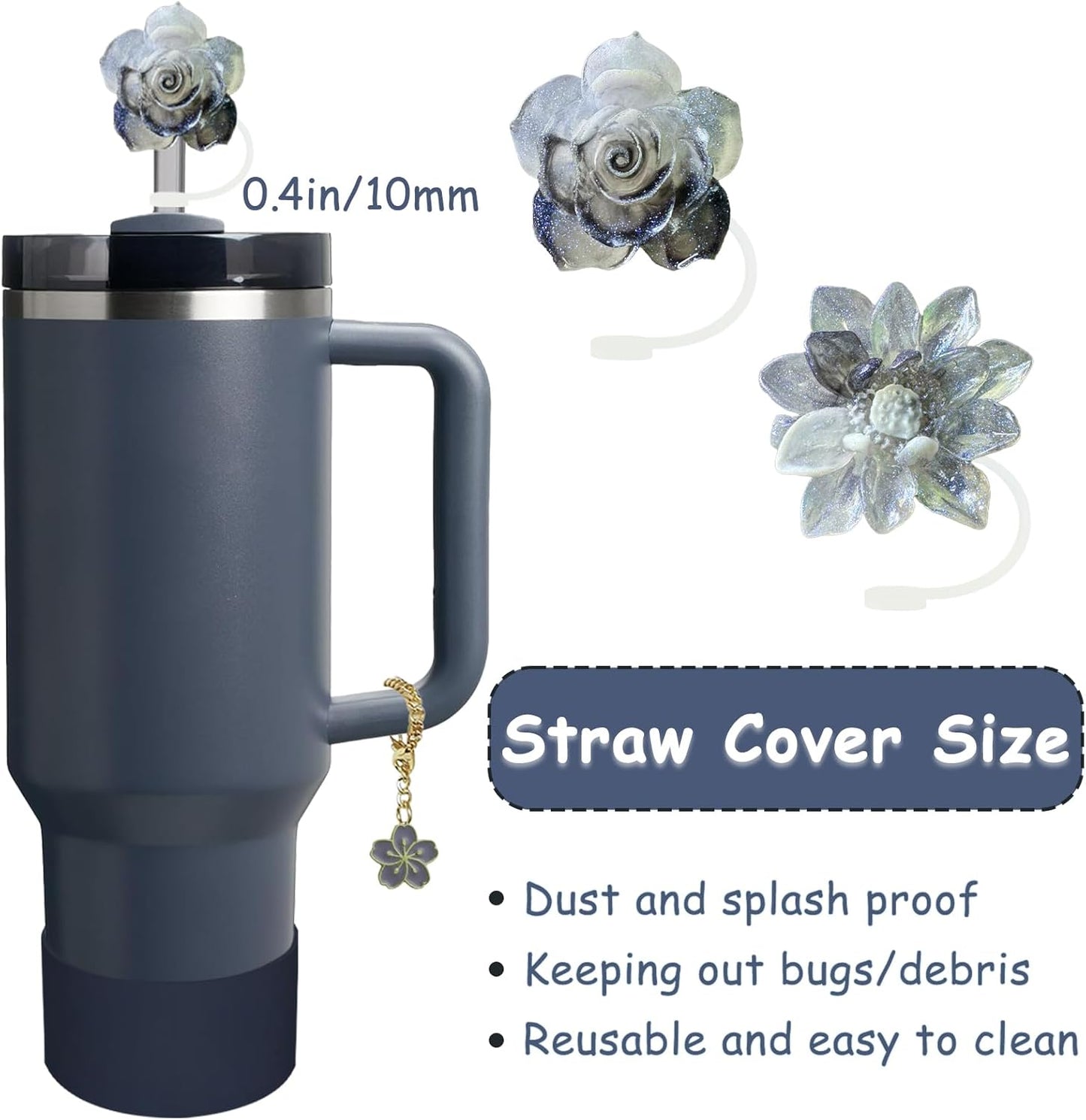 Stanley Cup Accessories Set,Including 2 Pcs 0.4in Straw Cover, 1 Silicone Spill-Proof Stopper Set of 3, 1 Cute Flower Handle Charm, 1 Silicone Boot Fits Stanley 40&30 Oz Tumbler (Twilight)