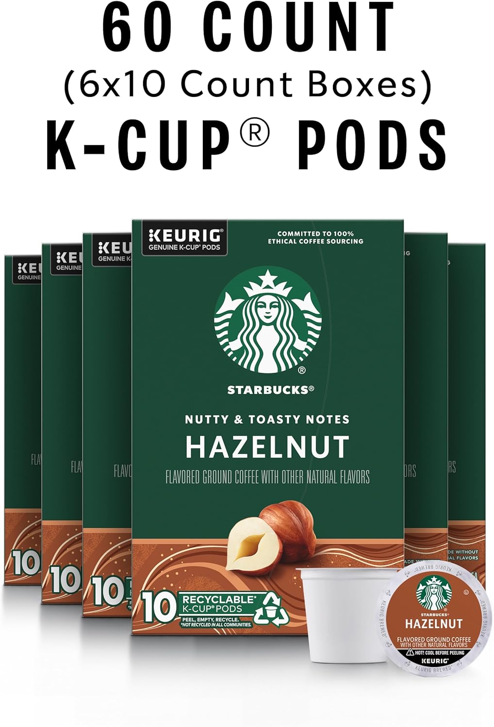 Starbucks K-Cup Coffee Pods, Hazelnut Flavored Coffee, Naturally Flavored, 100% Arabica, 6 boxes (60 pods total)