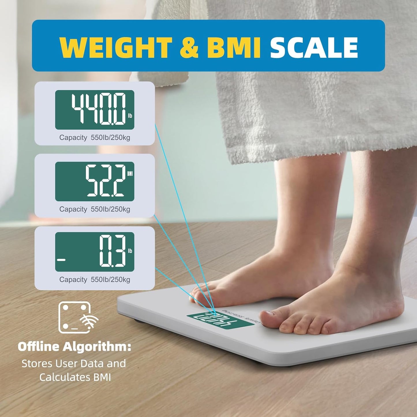 LEPULSE 550lb Bathroom Digital Scale for Body Weight BMI, Extra Wide Platform High Capacity Large Backlit Display, Most Accurate Bathroom Scale up to 500 lbs Weight Scale with APP, 8mm Tempered Glass