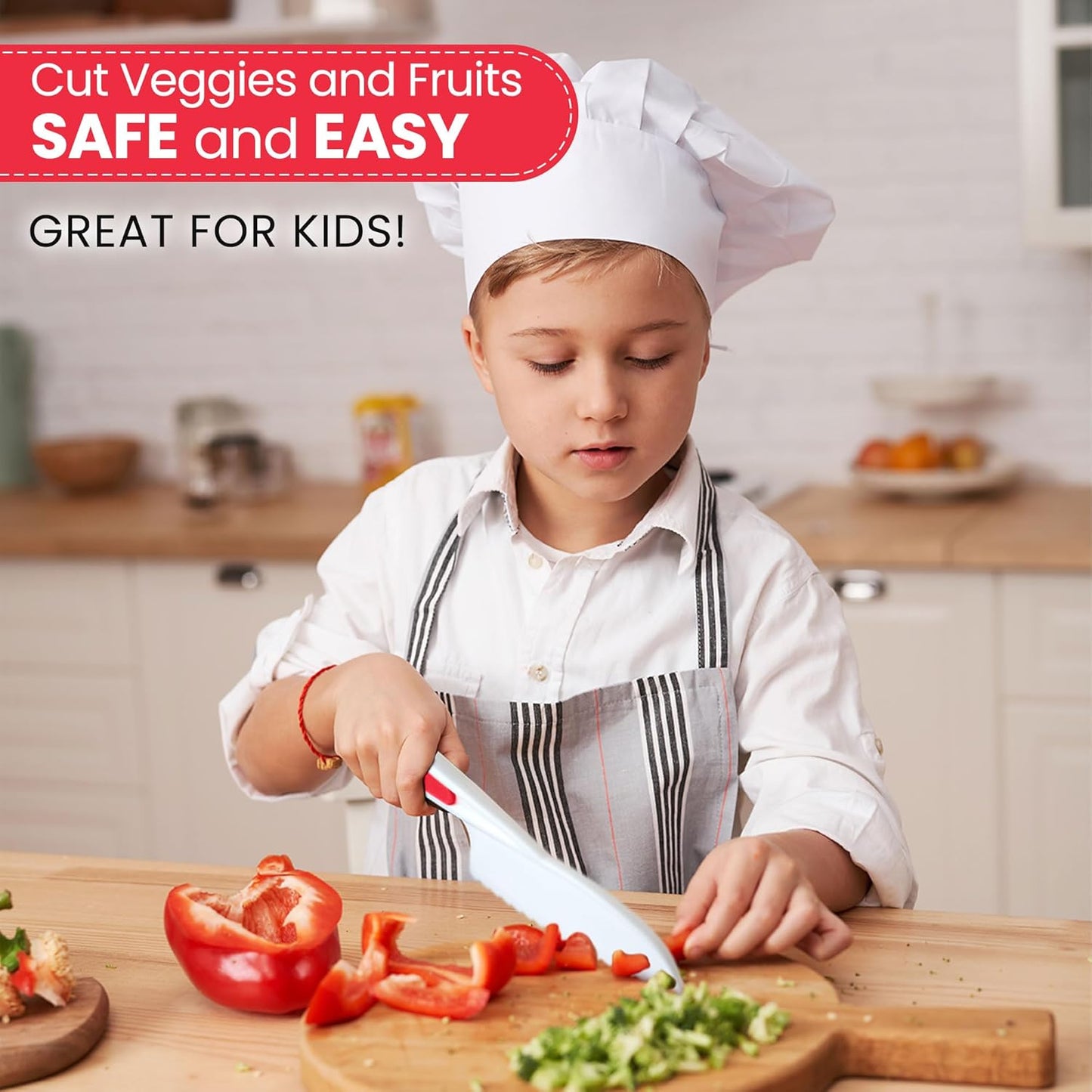 Zulay Kitchen 3-Piece Kids Knife Set for Real Cooking & Baking - Toddler Knives for Cutting Fruits, Veggies, & Cake - Children’s Montessori Knive with Serrated Edges - Safe & Fun Lettuce Knife (Red)