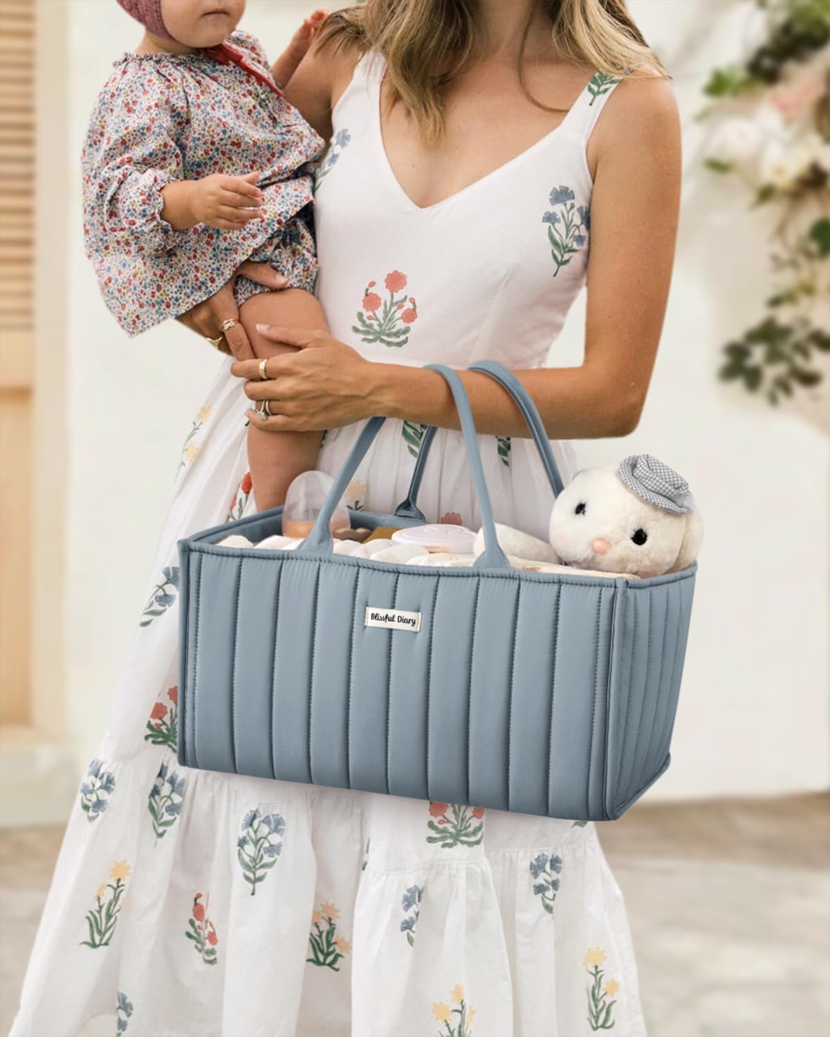 Blissful Diary Baby Diaper Caddy Organizer, Stylish Storage Basket for Newborn Essentials and Diaper Station, Gift for Baby Shower and Registry Must-Have, Dusty Blue