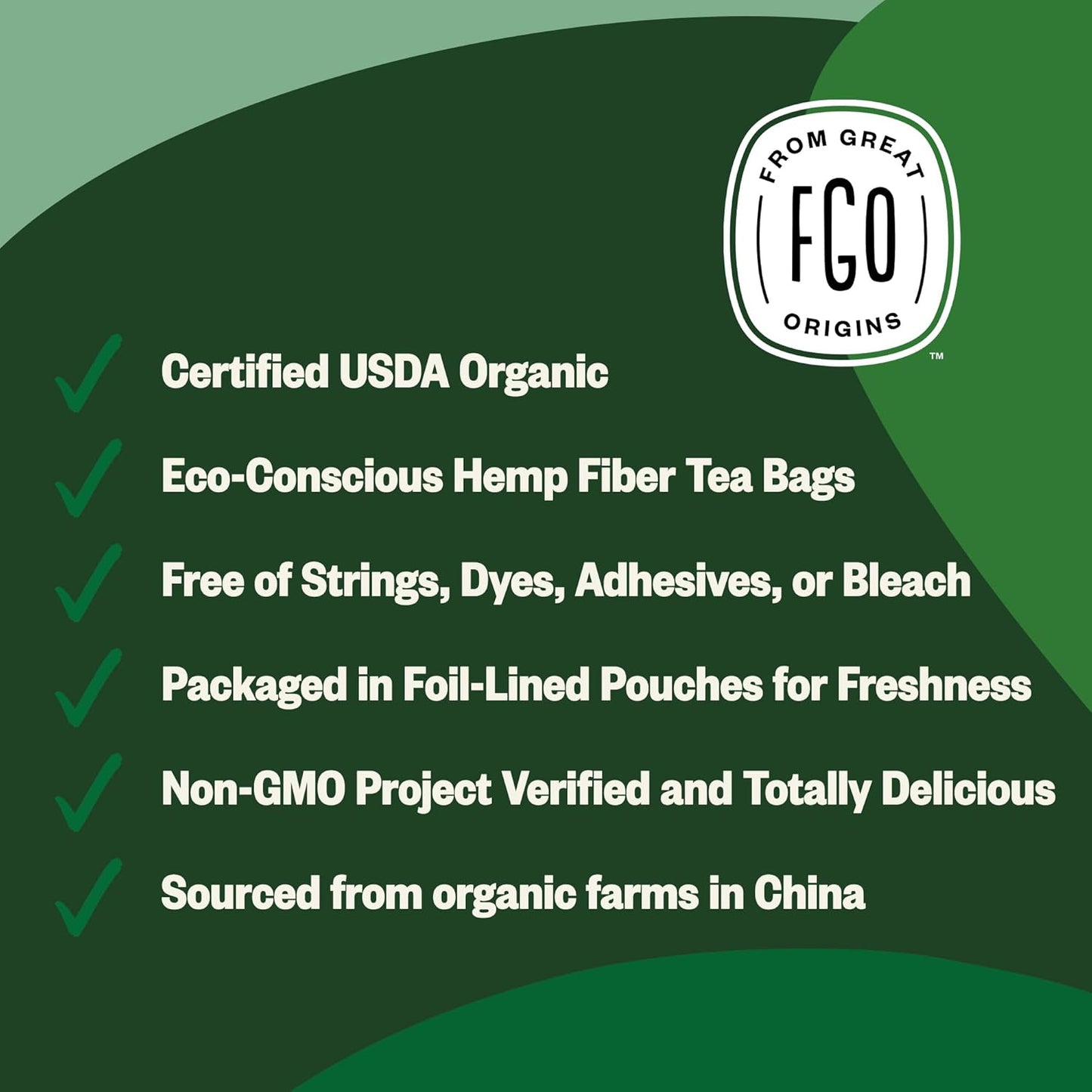 FGO Organic Green Tea, 100 Count Eco-Conscious Tea Bags, Caffeinated, Resealable Pouch, Packaging May Vary (Pack of 1)