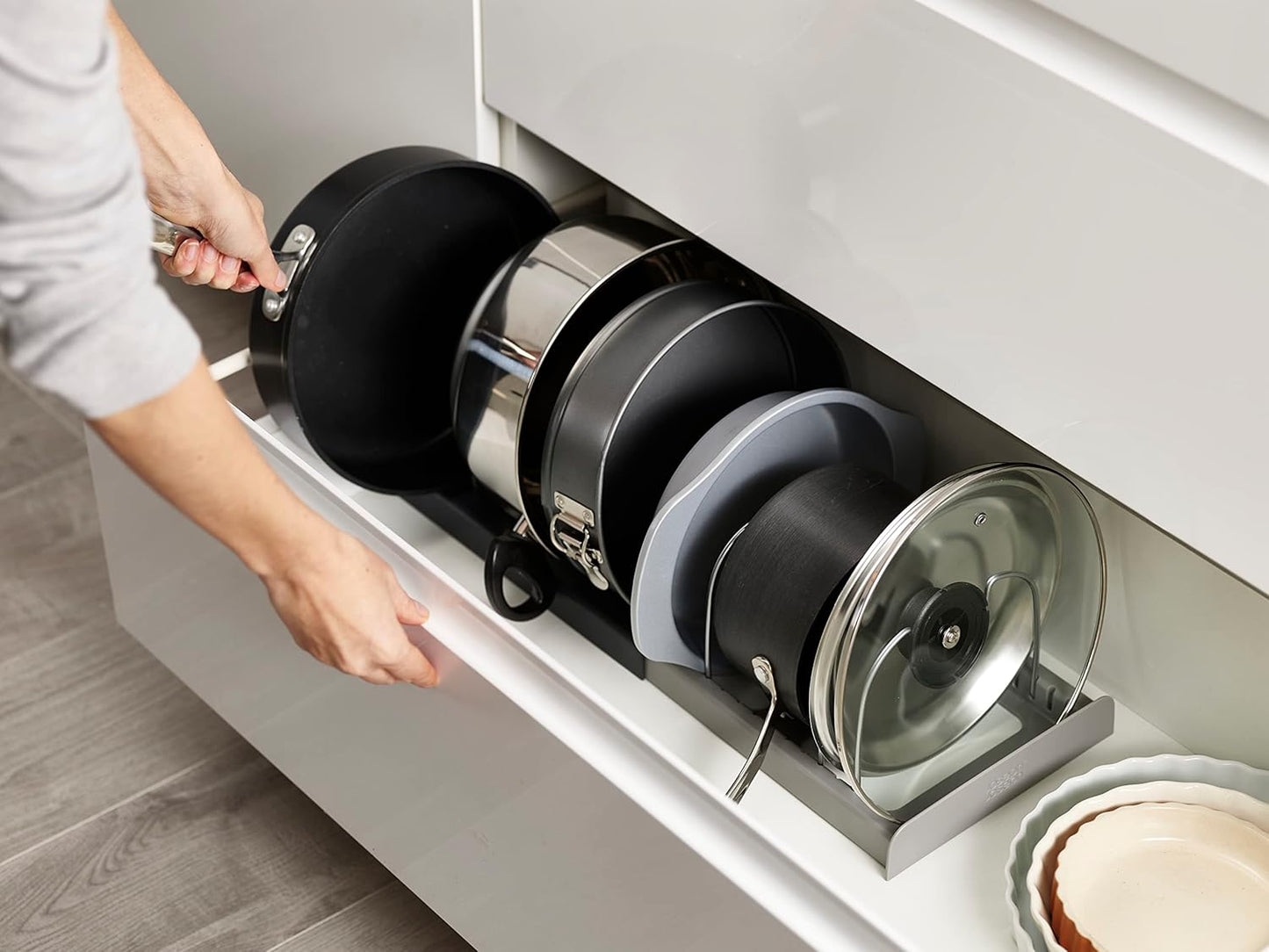 Joseph Joseph DrawerStore Expanding Cookware Organizer, Space saving storage for pan lids, baking trays - Grey