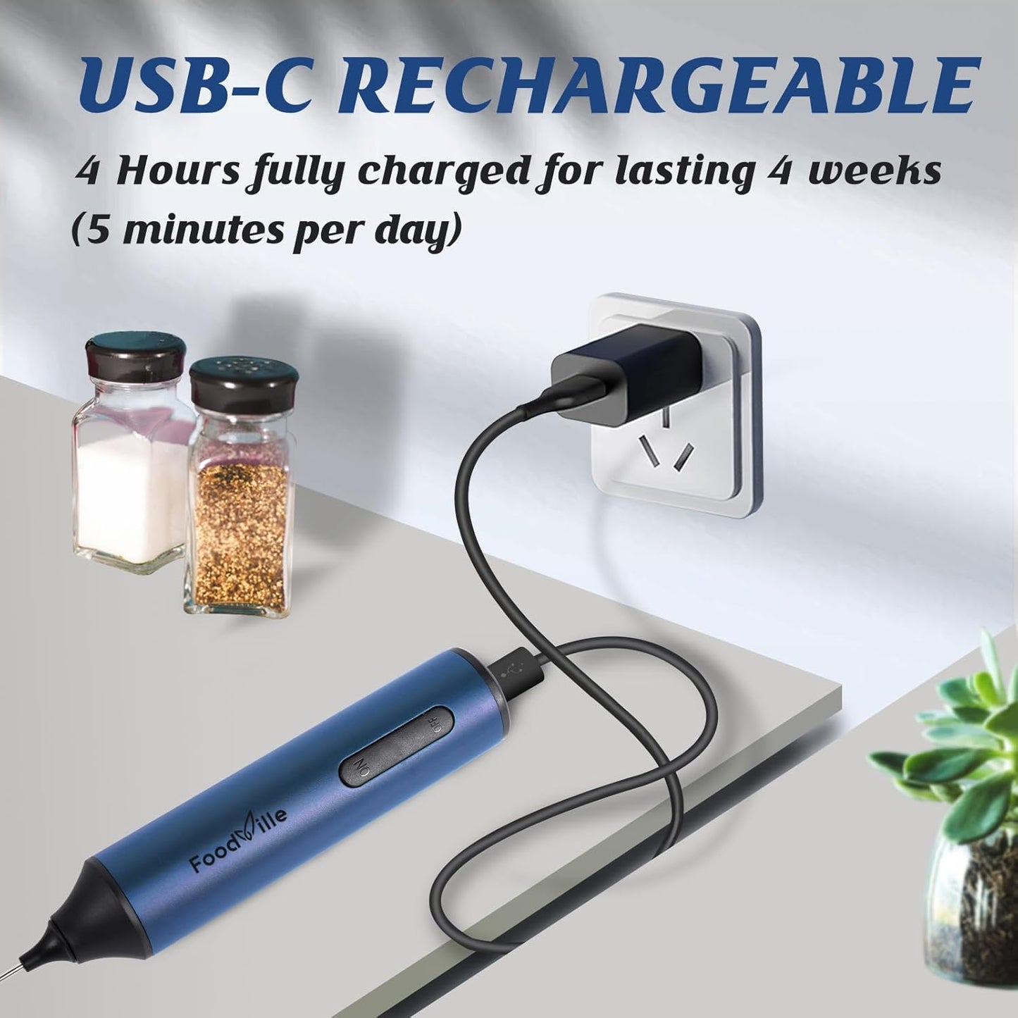 MF05 Rechargeable Milk Frother USB Charging Handheld Foam Maker with Stainless Balloon Whisk for Cappuccino, Latte, Bulletproof Coffee, Keto Diet, Protein Powder, Matcha (Navy Blue)