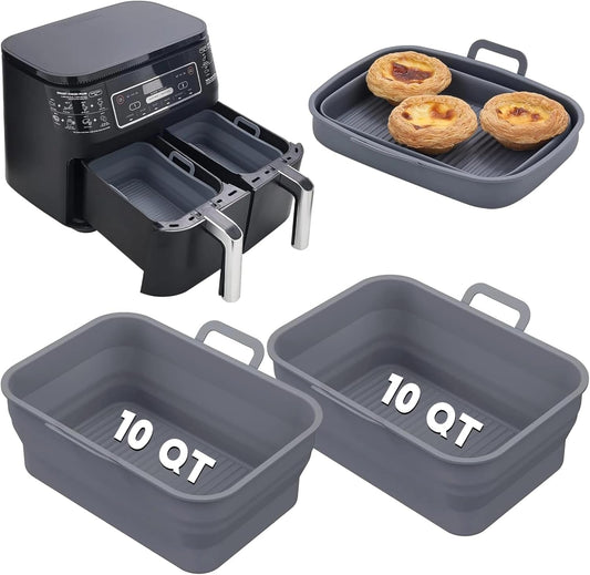Collapsible 2-Pack Air Fryer Silicone Liners for 10QT NINJA Foodi Dual, Rectangular Air Fryer Silicone Pot, Reusable Silicone Air Fryer Basket for Air Fryer Accessories (Gray)