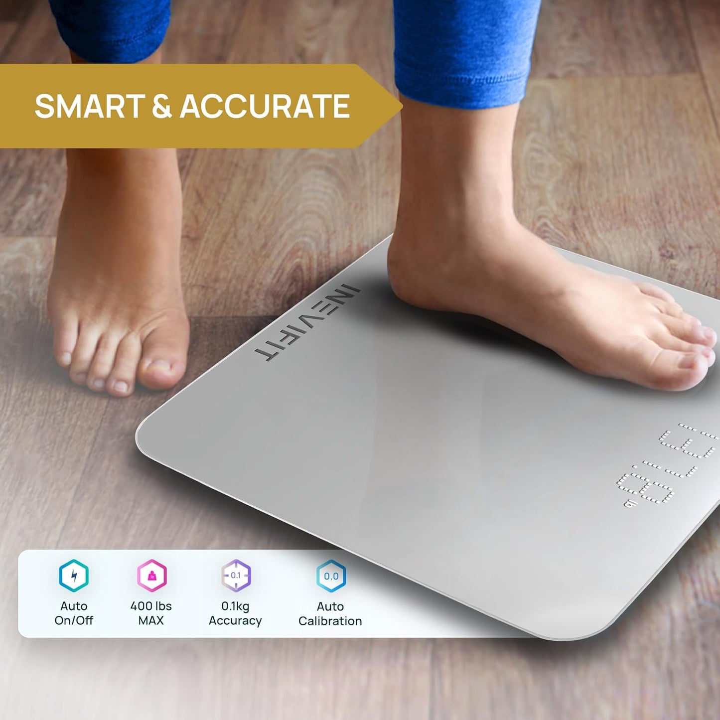 INEVIFIT Smart Bathroom Scale, Highly Accurate Bluetooth Digital Bathroom Body Weight Scale, Precisely Measures Weight & BMI for Unlimited Users (S-Silver)