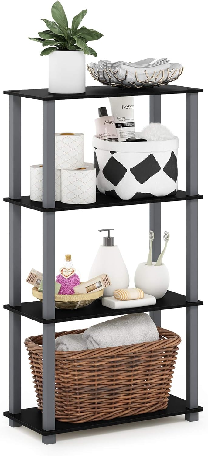 Furinno Turn-N-Tube 4-Tier Multipurpose Shelf Display Rack, Square Tube, Black/Grey