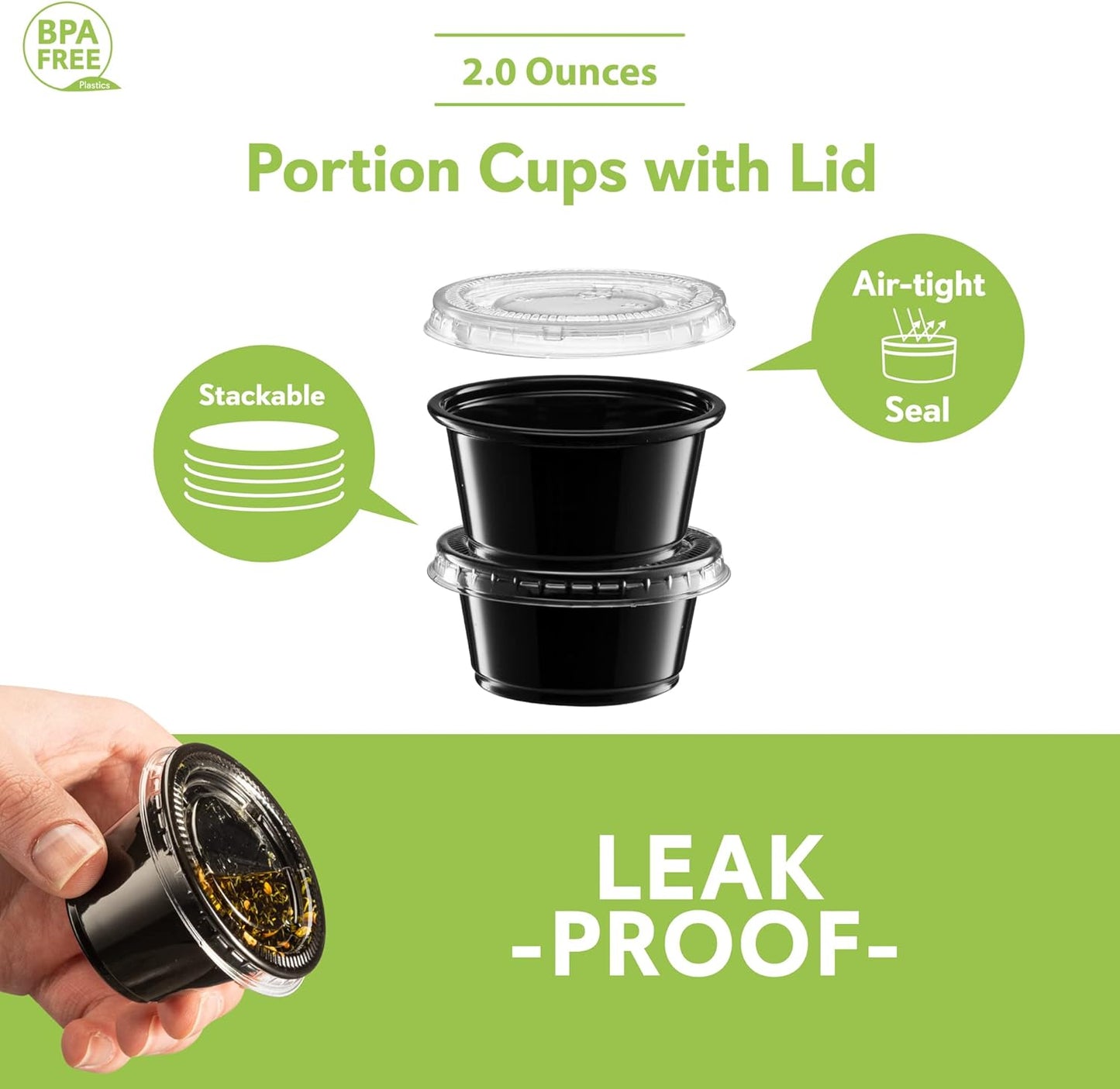 (2 oz - 100 Sets) Black Diposable Plastic Portion Cups With Lids, Small Mini Containers For Portion Controll, Jello Shots, Meal Prep, Sauce Cups, Slime, Condiments, Medicine, Dressings, Crafts