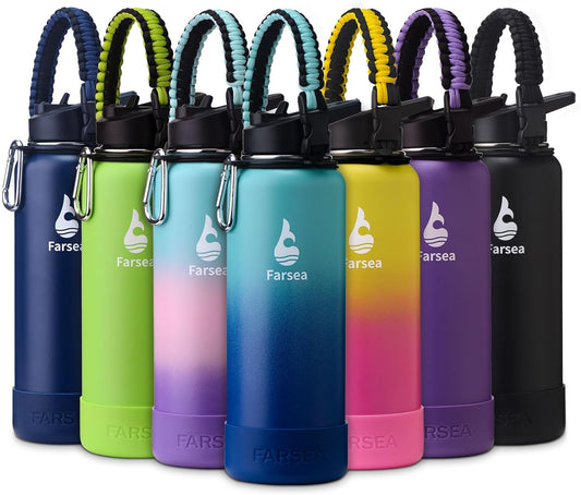 Farsea Insulated Water Bottle With Paracord Handle, Protective Boot and 2 Lids (Straw Lid & Spout Lid), Stainless Steel Water Bottle Wide Mouth, Double Wall Sweat-Proof BPA-Free, 40 oz