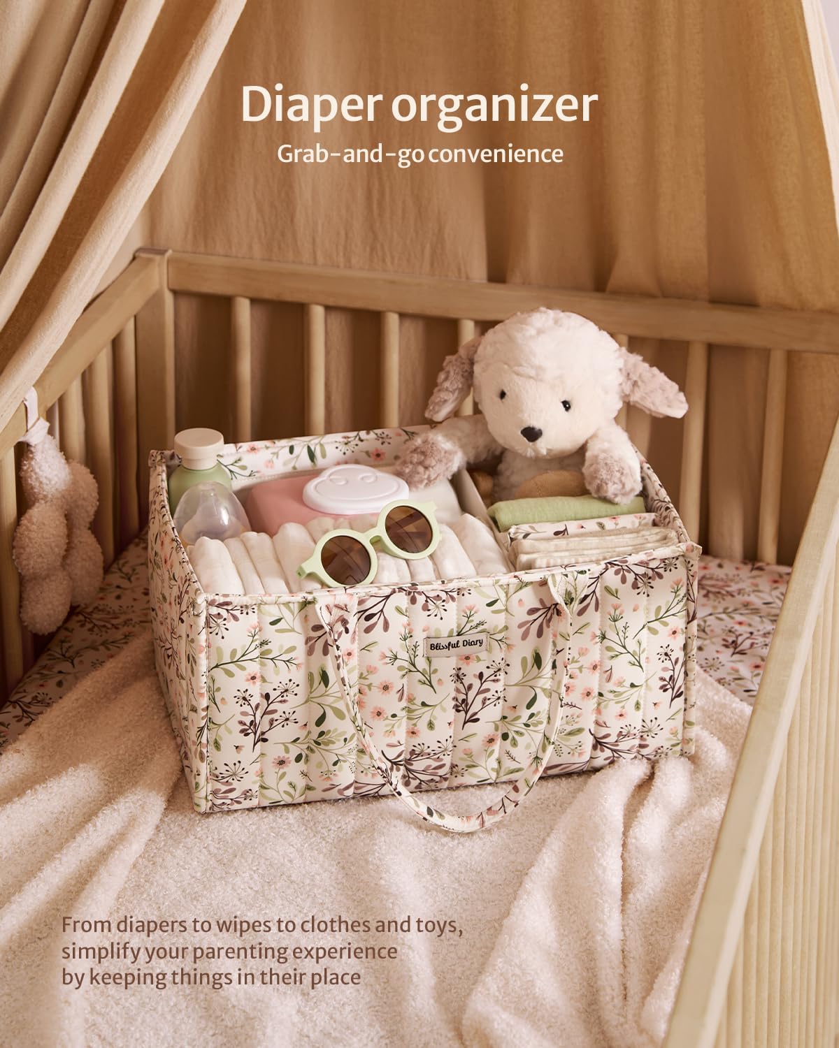 Blissful Diary Floral Diaper Caddy Organizer, Stylish Nursery Storage Basket, Gift for Baby Shower, Baby Registry Must Have, Newborn Essentials, Pastoral Daisy