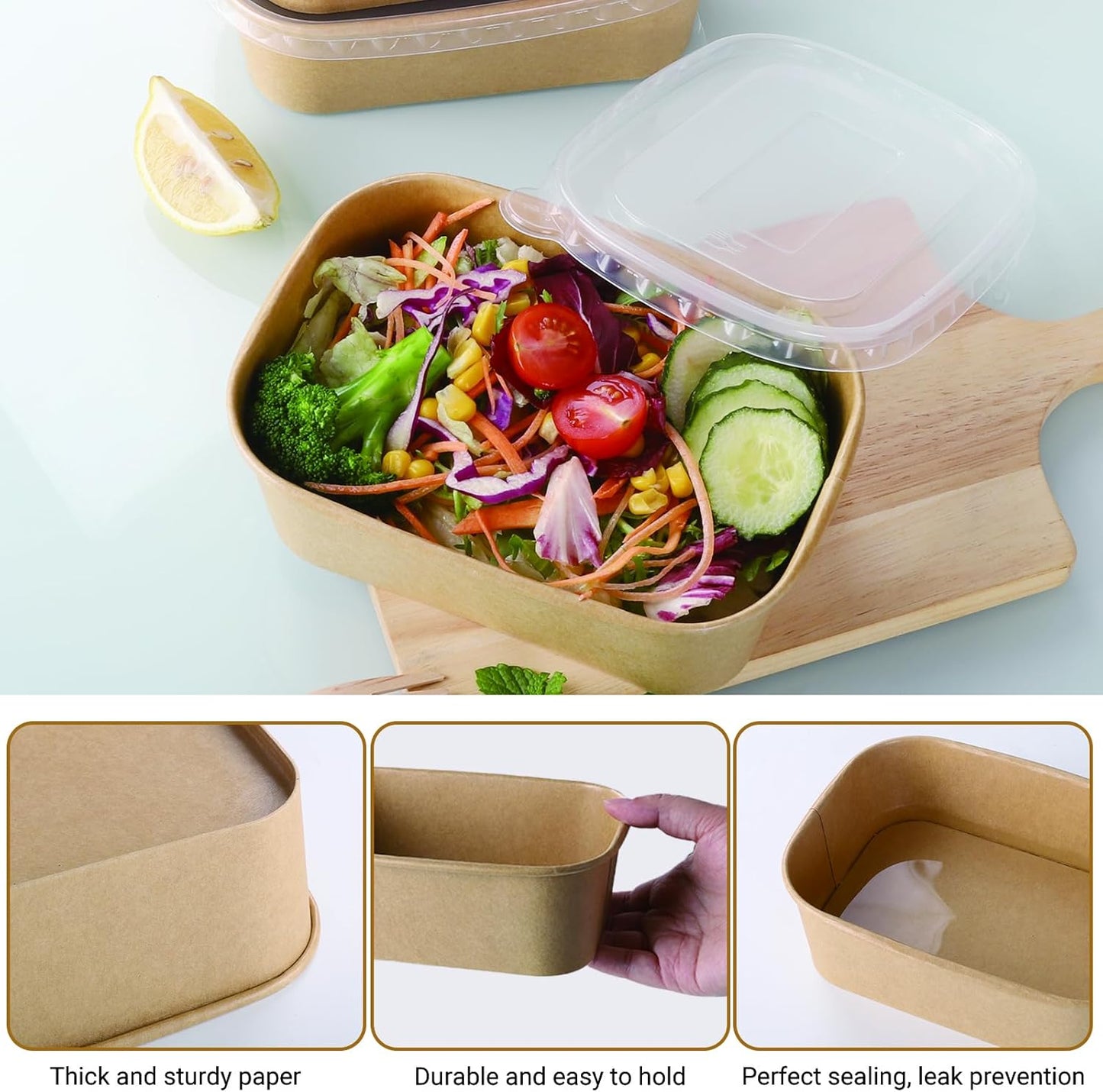 50 Sets 25oz Disposable Kraft Paper Bowls with Lids, Rectangle Paper Food Containers with Lids, Salad Bowls for Hot/Cold Food, Soup, Meal Prep, Ice Cream, Takeout, Party Supplies(750ml)