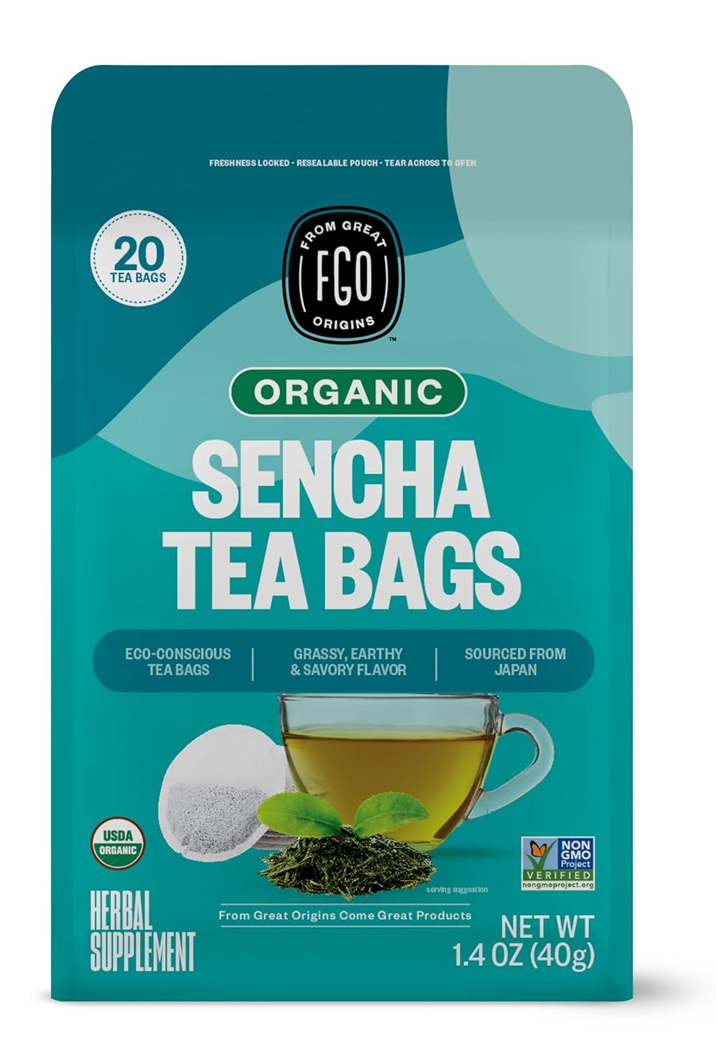 FGO Organic Japanese Sencha Green Tea, 20 Count, Eco-Conscious Tea Bags, Resealable Bag, Packaging May Vary (Pack of 1)