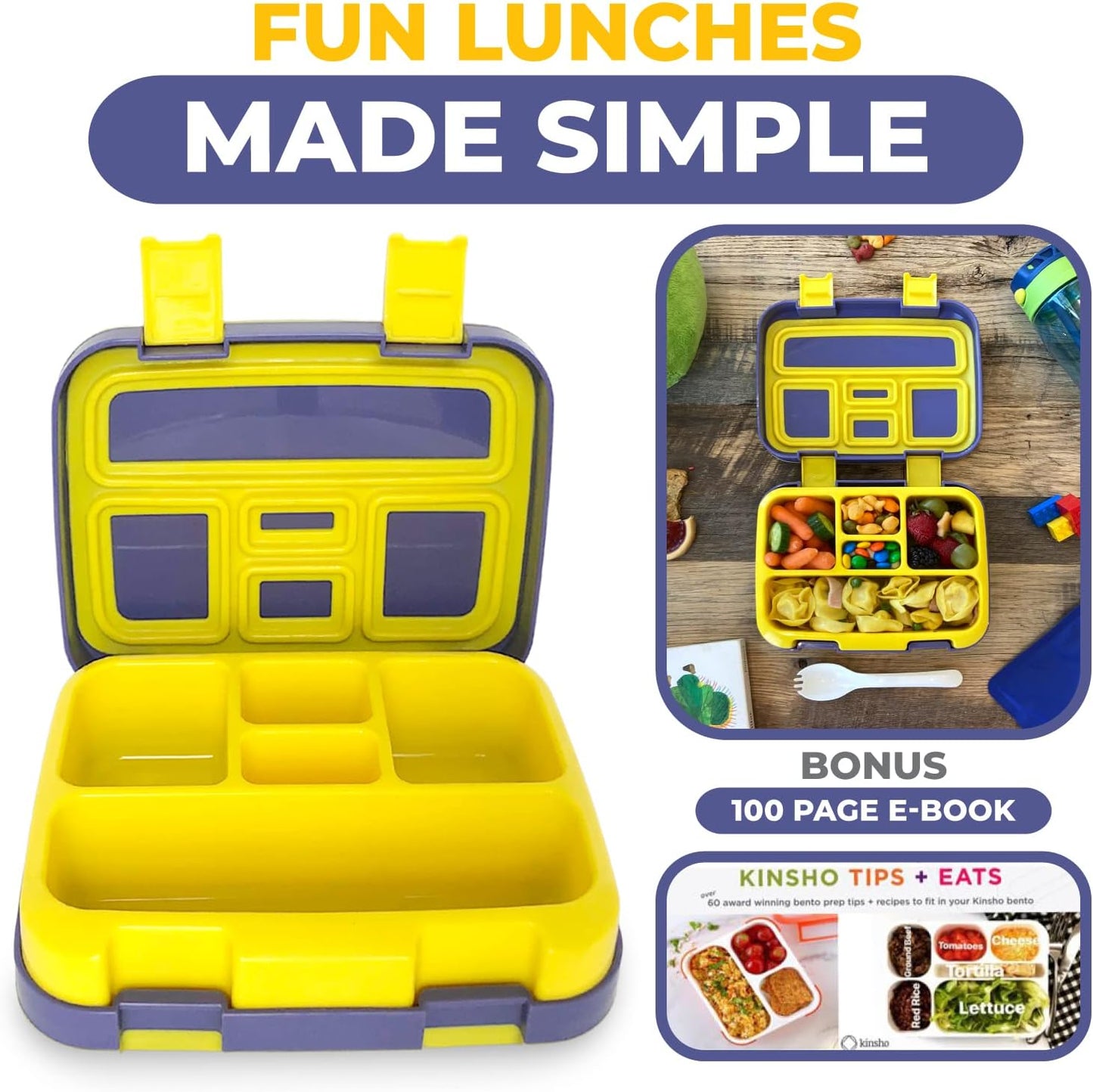 kinsho Bento Lunch Box for Kids Toddlers Boys, 5 Portion Sections Secure Lid, Microwave Safe BPA Free Removable Tray, Pre-School Kid Daycare Lunches Snack Container Ages 3 to 5, Blue Yellow Trucks