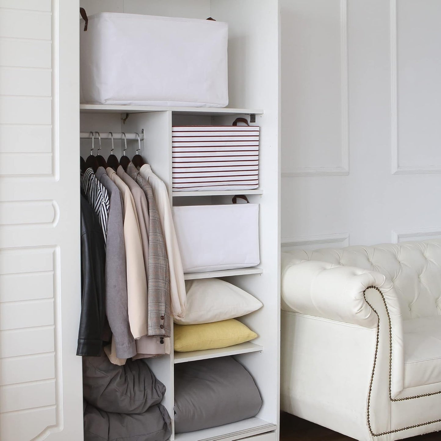 Hinwo 31L Large Storage Bins, 4-Pack Closet Organizers and Storage, Foldable Clothes Storage Baskets with Handles, Containers for Clothing, Blanket, Towels, Toys, Bedding (White)