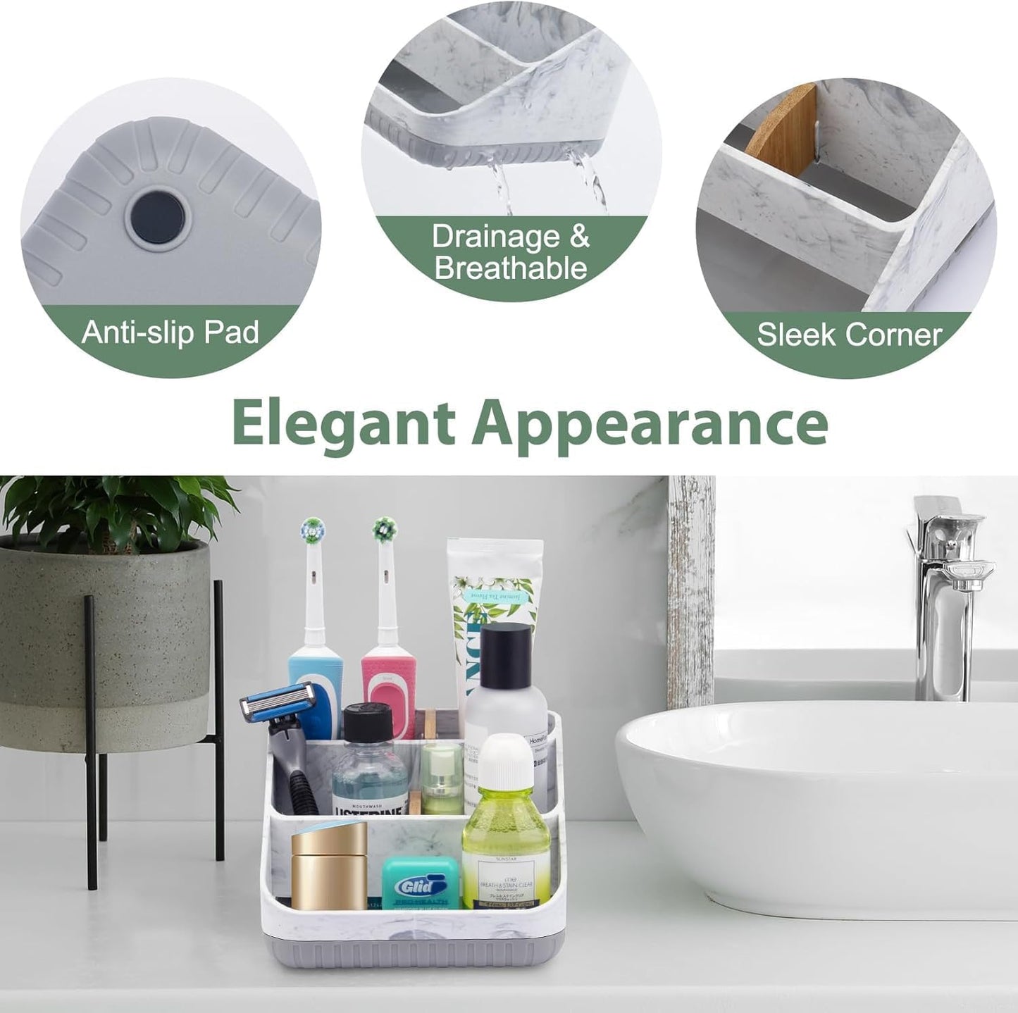 Chintu Toothbrush Holders for Bathrooms - 6 Slots Electric Tooth Brushing Holder, Bathroom Countertop Organizer for Kids Family, Marble Toothbrush and Toothpaste Holder Shower Storage Grey