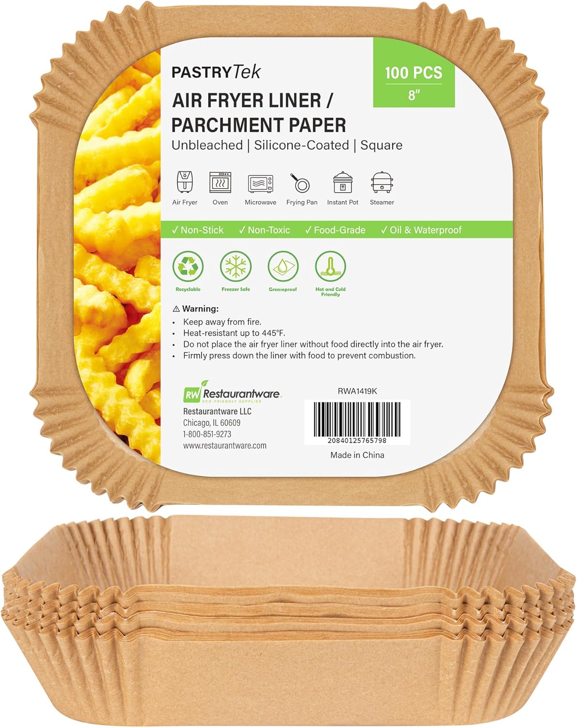 Restaurantware-Pastry Tek 8.1 x 8.1 x 1.8 Inch Air Fryer Liners, 100 Square Air Fryer Baskets - No-Stick Silicone Coating, Unbleached, Food-Grade Paper Liners, For Steamer, Microwave, Oven, Fry Pan