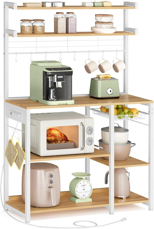 VASAGLE Bakers Rack with Power Outlet, 35.4 Inches Microwave Stand, Coffee Bar, 4 AC Outlets, with Adjustable Shelves, 8 S-Hooks, Basket, Spice Racks, Golden Oak and Cloud White UKKS031Y09