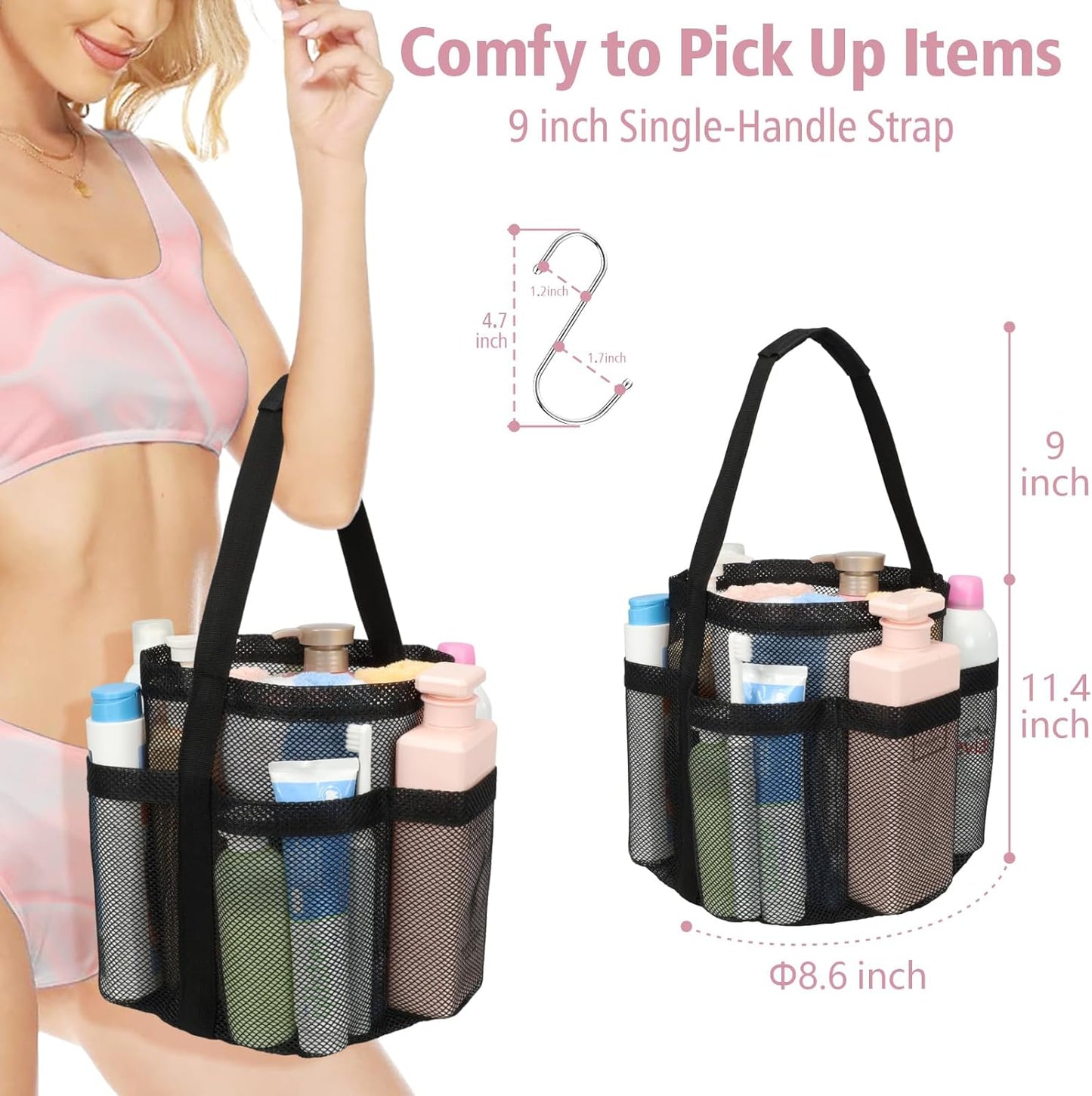 F-color Mesh Shower Caddy Portable, Large Capacity Shower Bag Basket Tote for College Dorm Room Toiletry Gym Rv Essentials, Bathroom Caddy Bag with S Hook, Black