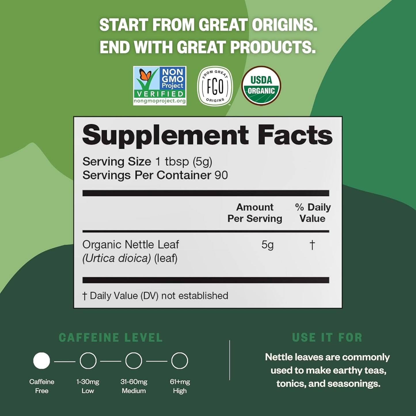 FGO Organic Nettle Leaf Loose Tea, Cut and Sifted, Caffeine Free, 16oz Bulk Resealable Bag, Packaging May Vary (Pack of 1)