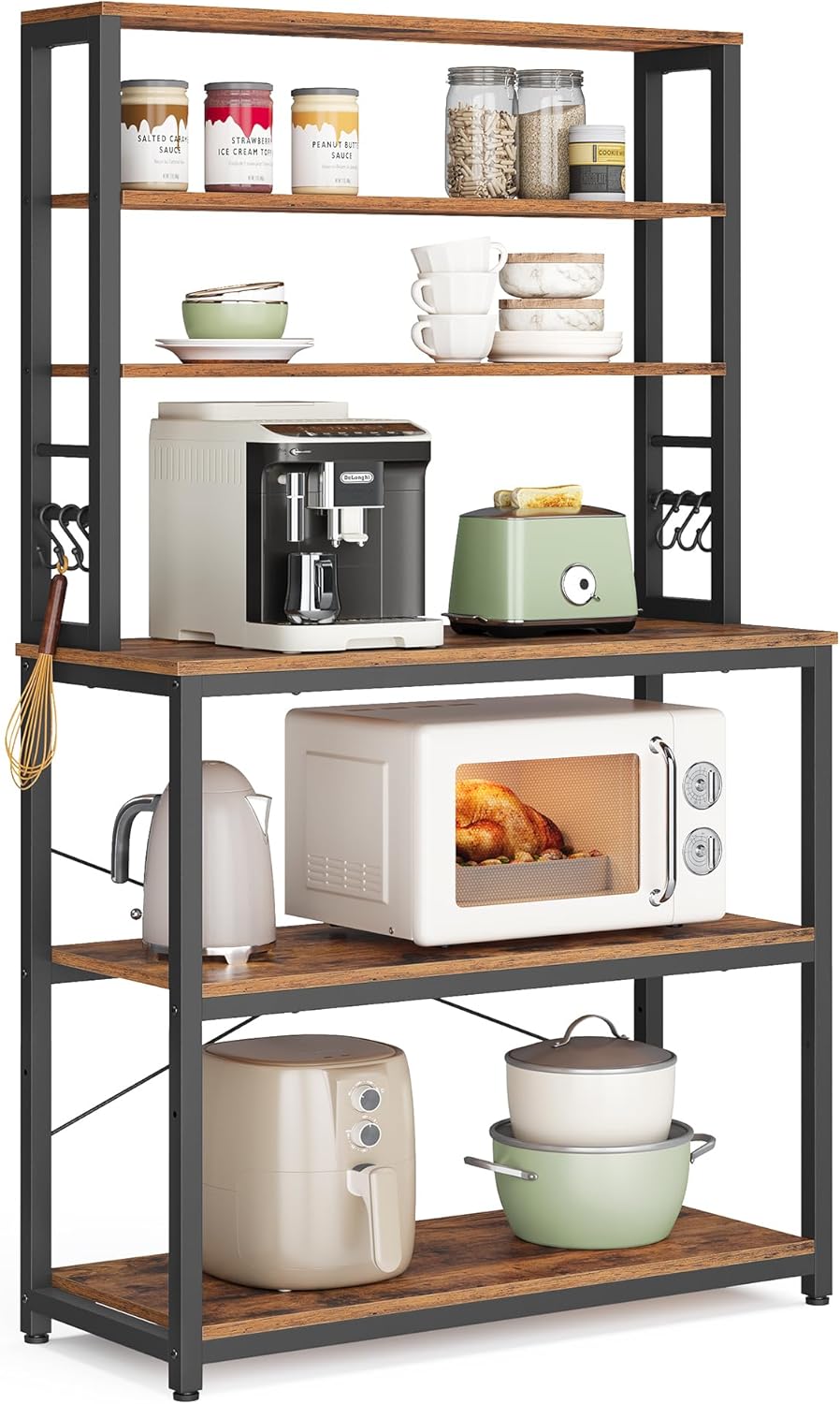 VASAGLE Coffee Bar, 31.5 Inches Baker's Rack for Kitchen with Storage, 6-Tier Kitchen Shelves with 6 Hooks, Microwave Stand, Industrial, Rustic Brown and Black UKKS019B01