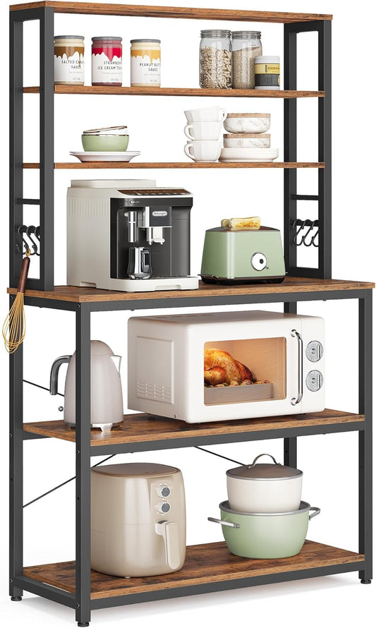 VASAGLE Coffee Bar, 31.5 Inches Baker's Rack for Kitchen with Storage, 6-Tier Kitchen Shelves with 6 Hooks, Microwave Stand, Industrial, Rustic Brown and Black UKKS019B01