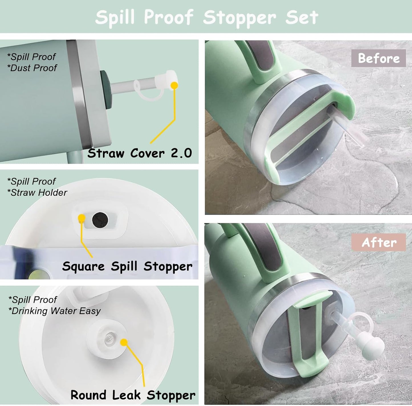 Stanley Cup Accessories Set,Including 2 Pcs 0.4in Straw Cover, 1 Silicone Spill-Proof Stopper, 1 Cute Handle Charm, 1 Silicone Boot Fits Stanley 40&30 Oz Tumbler (Eucalyptus Green)