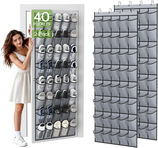 Unjumbly Over the Door Shoe Organizer with 40 Large Breathable Mesh Pockets, Space Saving Shoe Holder, Hanging Shoe Rack for Entryway Bedroom Closet Storage (Grey, 80 Pockets)