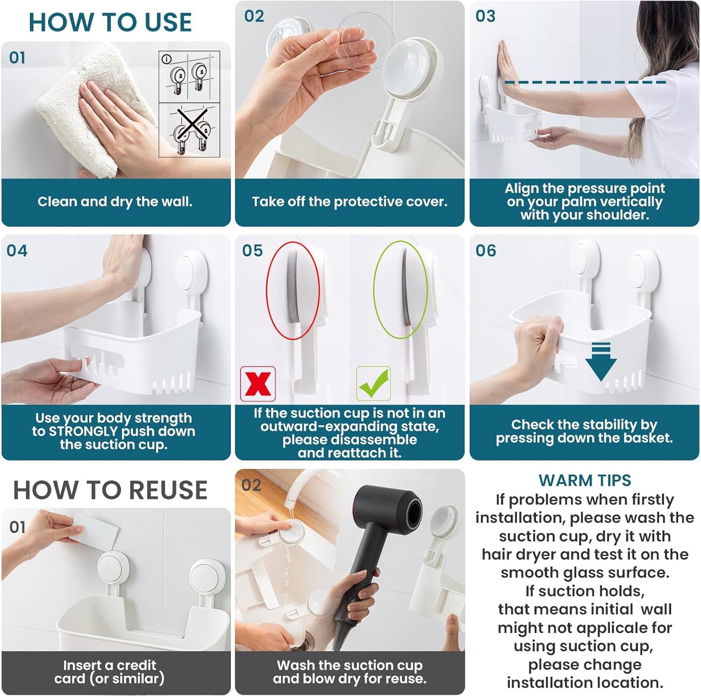 TAILI Shower Caddy Suction Cup 2 Pack, Heavy Duty Bathroom Organizer, Removable Shelves for Inside Shower, Shampoo, Waterproof Suction Plastic Storage for Bathroom Accessories Holder, White