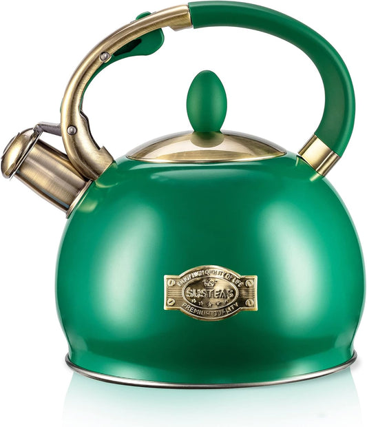 SUSTEAS Stove Top Whistling Tea Kettle - Food Grade Stainless Steel Teakettle Teapot with Cool Touch Ergonomic Handle, With 1 Silicone Pinch Mitt Included, 2.64 Quart (Green)