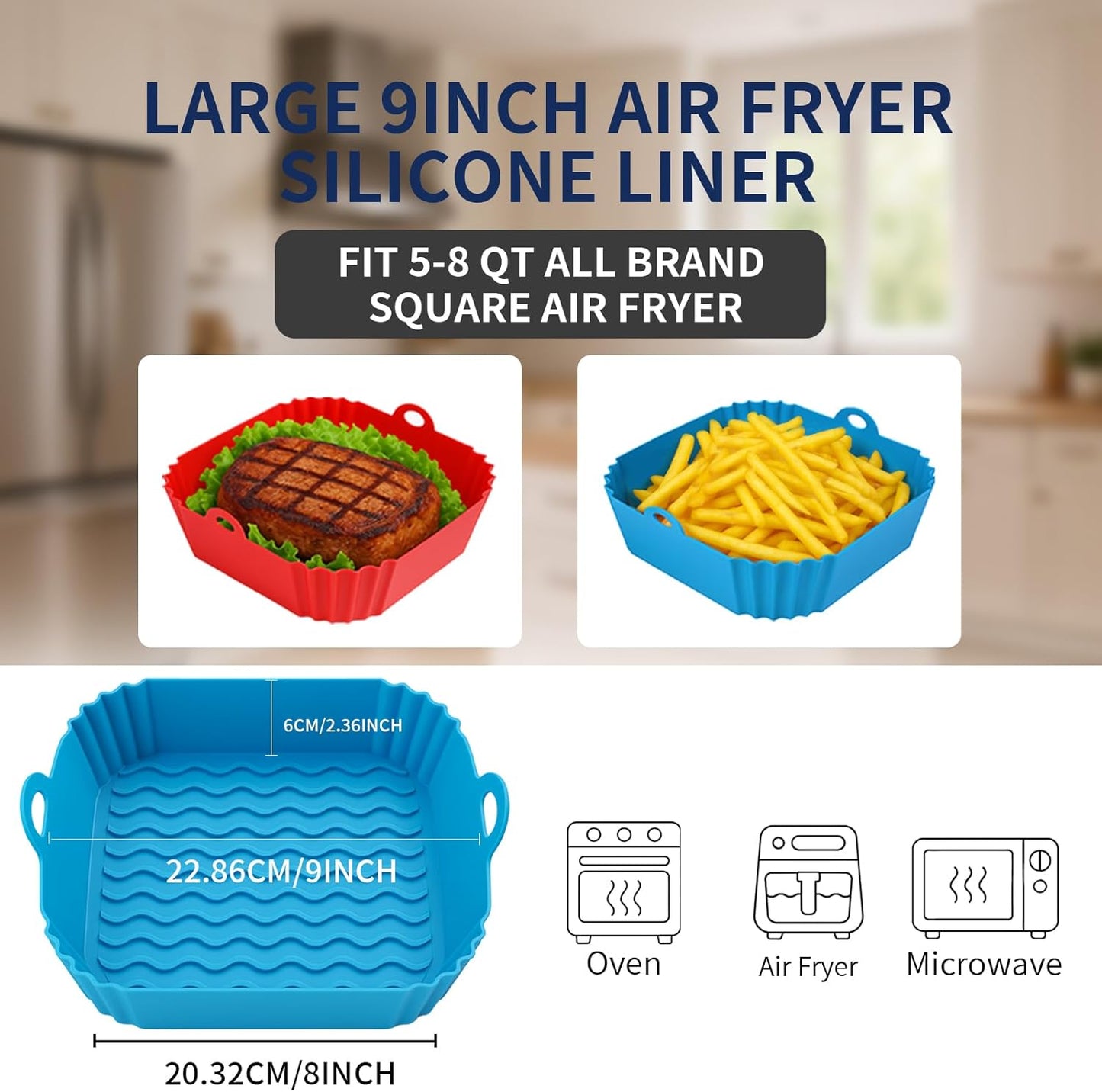 9 Inch Large Air Fryer Silicone Liners - 2 PCS Square Reusable AirFryer Basket Liners for 5-8QT Air fryer, Air fryer Accessories for Baking Roasting Microwave (Red + Blue)
