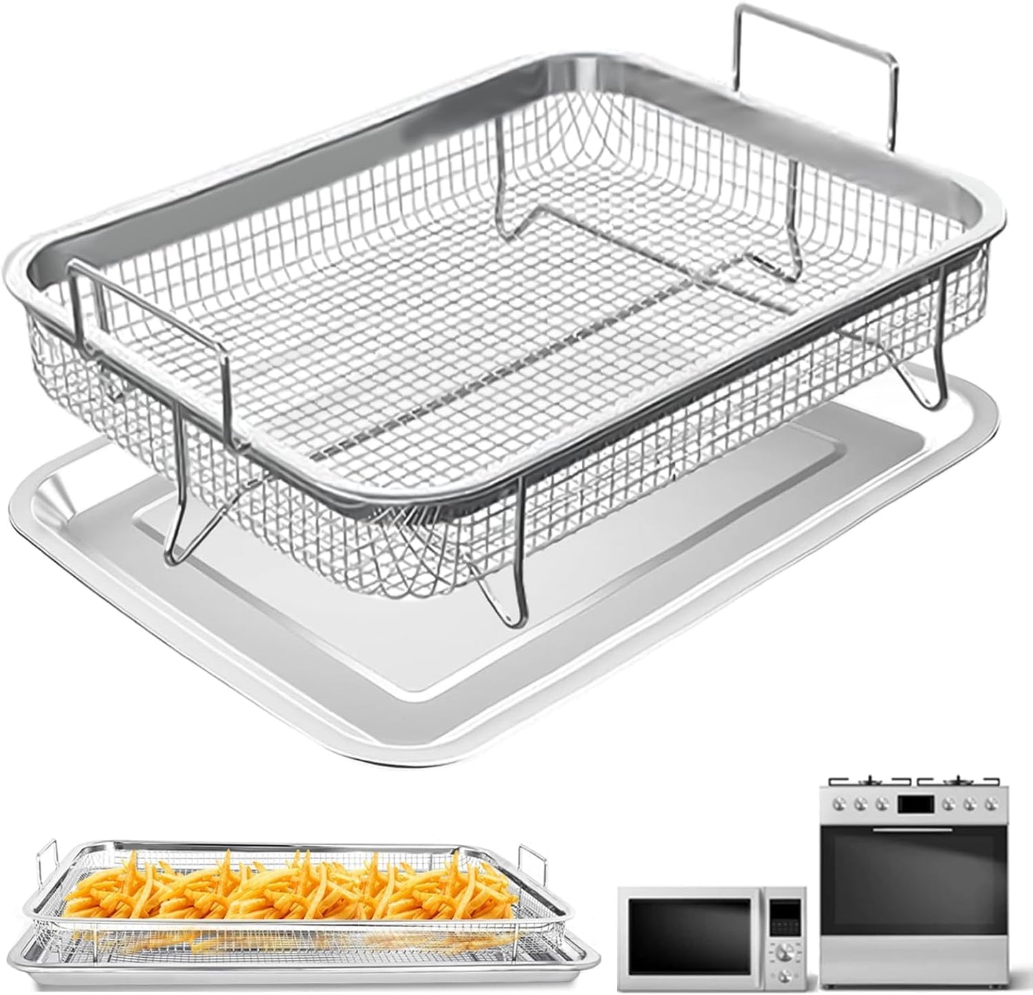 Air Fryer Basket for Oven,2 Pieces 11.8'' * 8.8'' Non-stick Stainless Steel Mesh Grill Basket Air Fryer Baking Tray Accessories Rack Roasting Basket for Convection Oven with Air Fryer, Dishwasher Safe