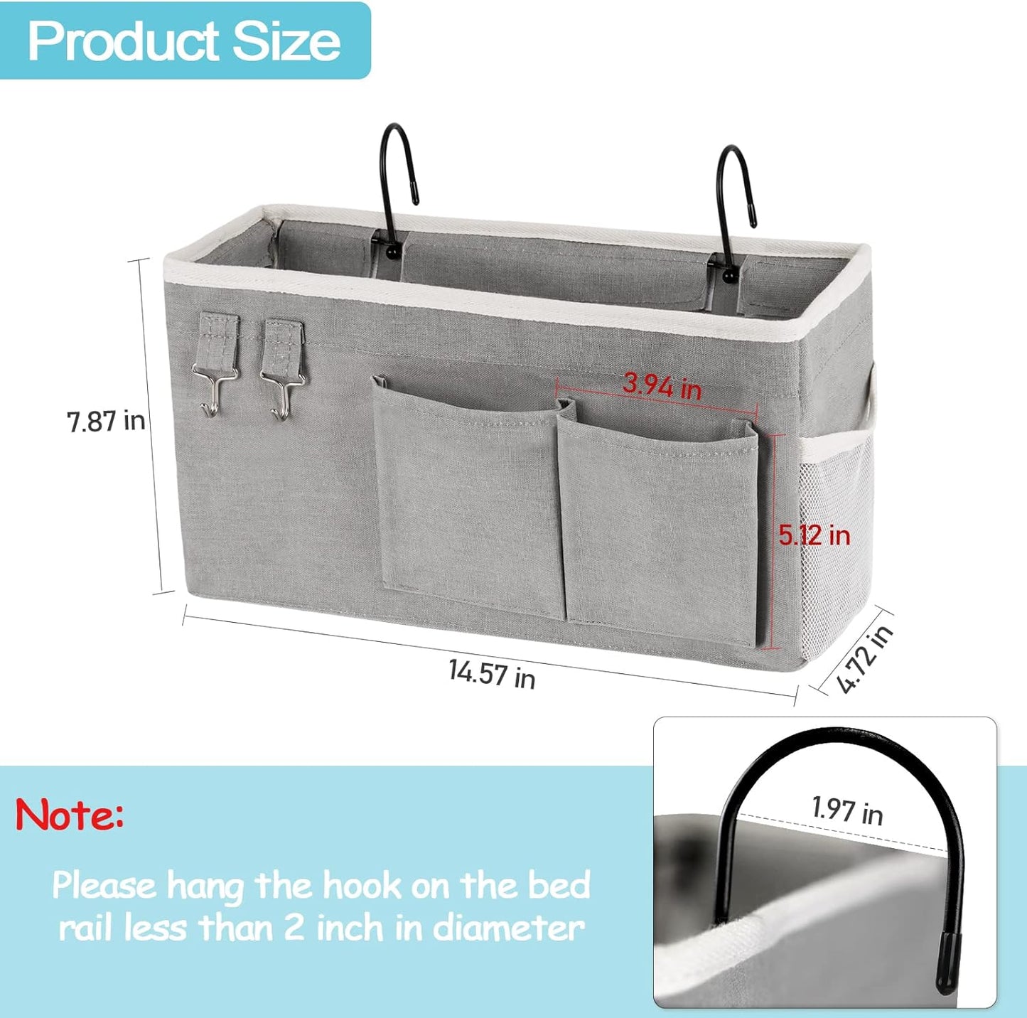 Loghot Bedside Caddy/Bedside Storage Bag Hanging Organizer for Bunk and Hospital Beds,Dorm Rooms Bed Rails,Can be Placed Glasses,Books,Mobile Phones,Keys (Grey)
