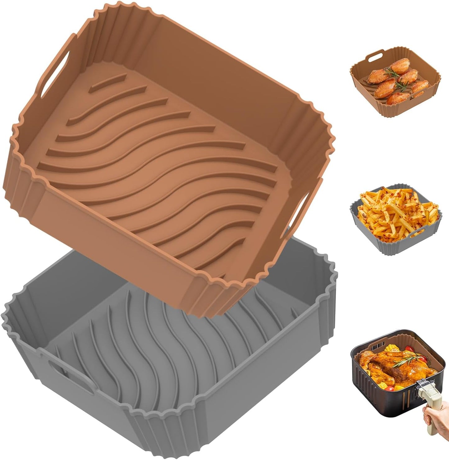 Redfly Air Fryer Silicone Liners, 9.3 Inch Square Airfryer Liners, Silicone Air Fryer Liners Reusable for 6-8 QT, Air Fryer Accessories Replacement for Parchment, Airfryer Liners Silicone Brown&Gray