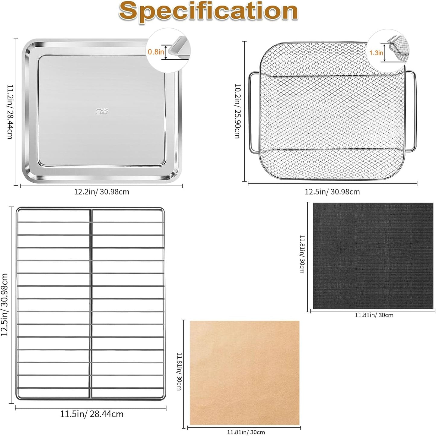 5-Pack Air Fryer Replacement Set for Emeril Lagasse 26QT, Includes Non-Stick Baking Pan, Basket, Air Fryer Rack, 2 Mats & 100 Parchment Papers, Stainless Steel Bakeware Set