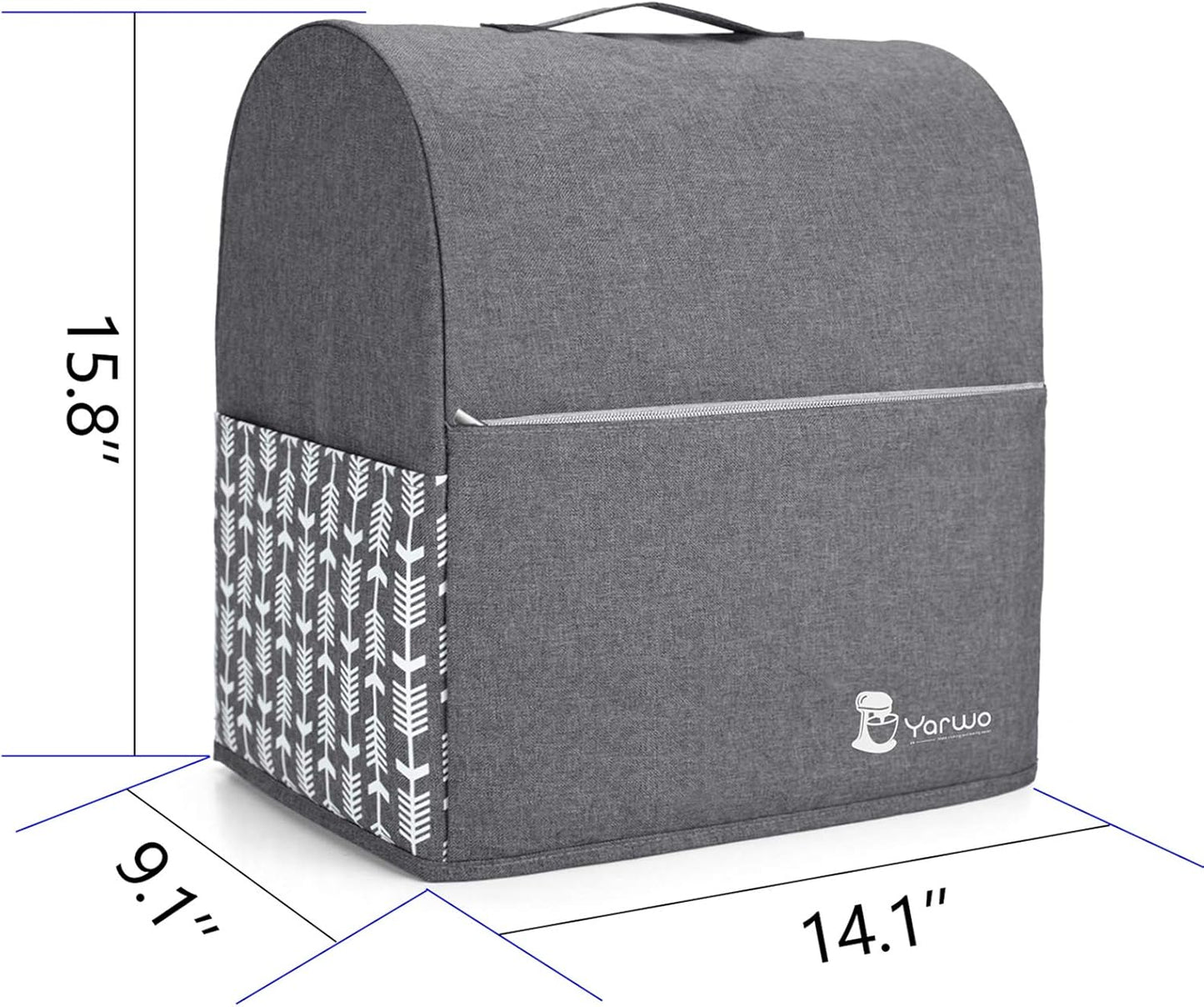 Yarwo Stand Mixer Cover Compatible with 6-8 Quart KitchenAid Mixer, Protective Dust Cover with Top Handle and Pockets for Accessories, Gray with Arrow