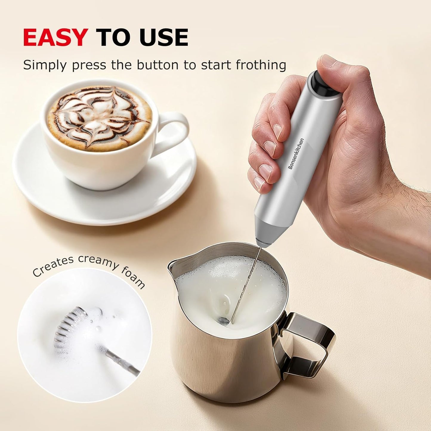 Bonsenkitchen Milk Frother Hanheld with Stand, Electric Coffee Frother, Portable Hand Frother Wand Drink Mixer for Matcha Lattes Cappuccino, Kitchen Gifts (Battery Included)