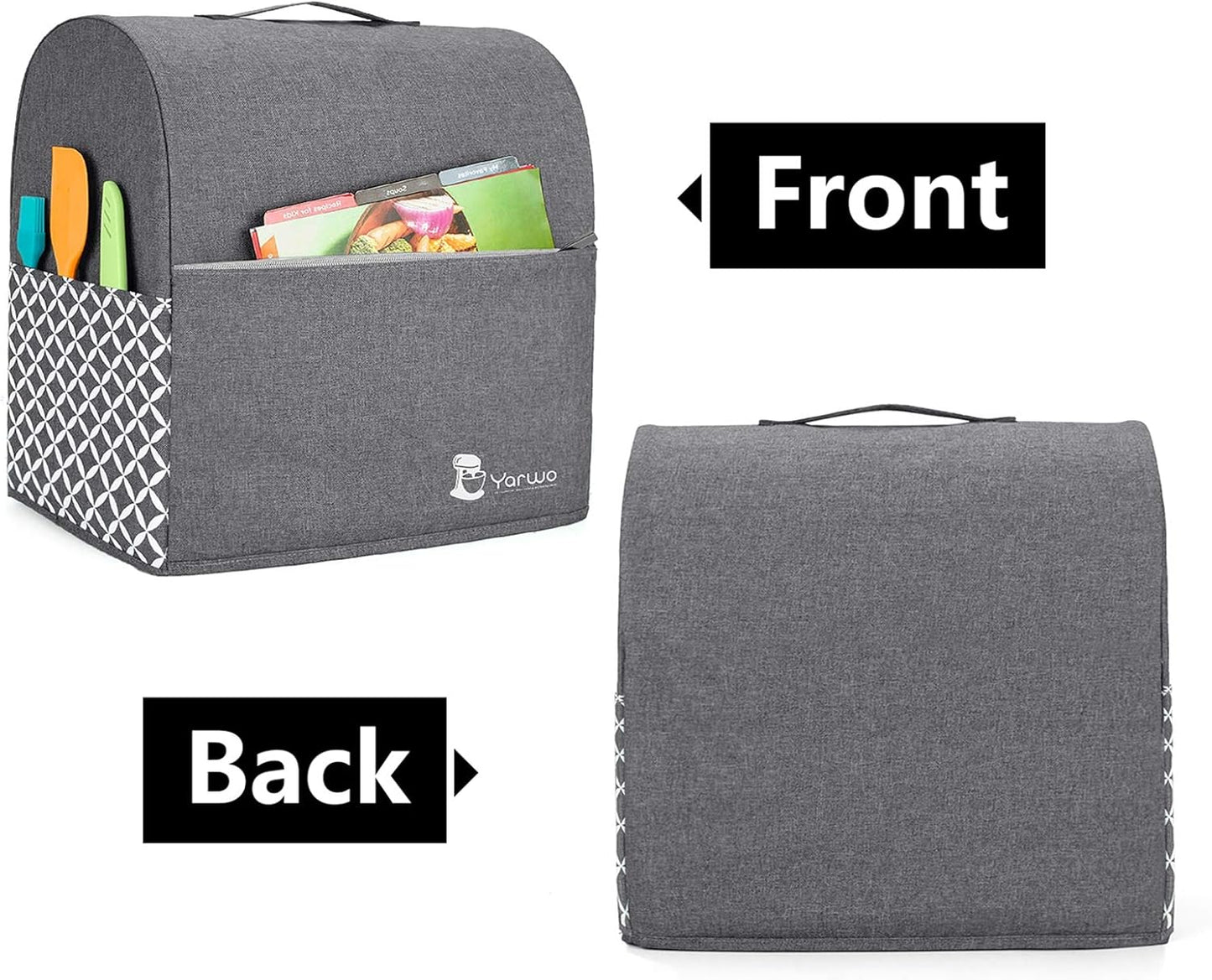 Yarwo Stand Mixer Cover Compatible with 4.5 qt and All 5 qt KitchenAid Mixer, Protective Dust Cover with Top Handle and Pockets for Accessories, Gray with Grid