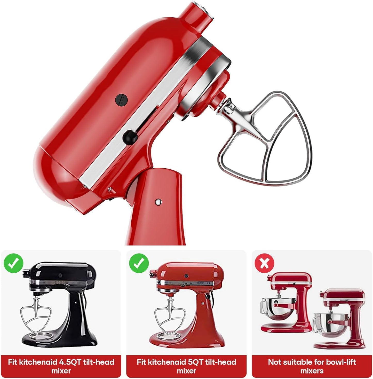 Gvode Stainless Steel Flex Edge Beater for KitchenAid Mixer, Fits Tilt-Head Stand Mixer Bowls for 4.5-5 Quart Bowls, Paddle Attachment for KitchenAid Mixers, Not Fit for Bowl Lift